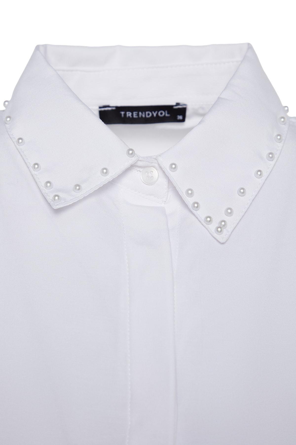 White Pearl Detail Fitted Knitted Shirt, , large image number 6
