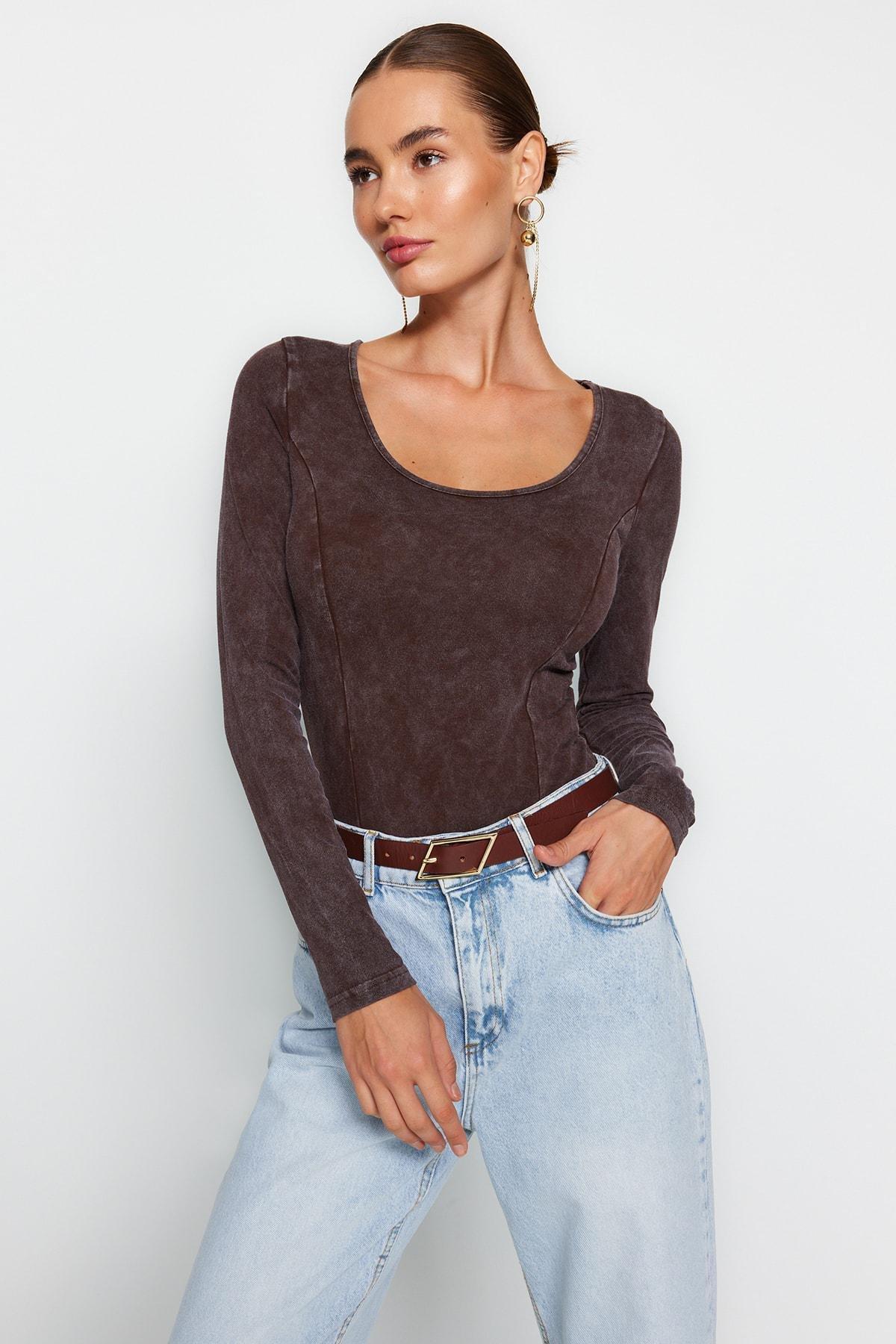 Brown Long Sleeves Bodysuit, , large image number 0