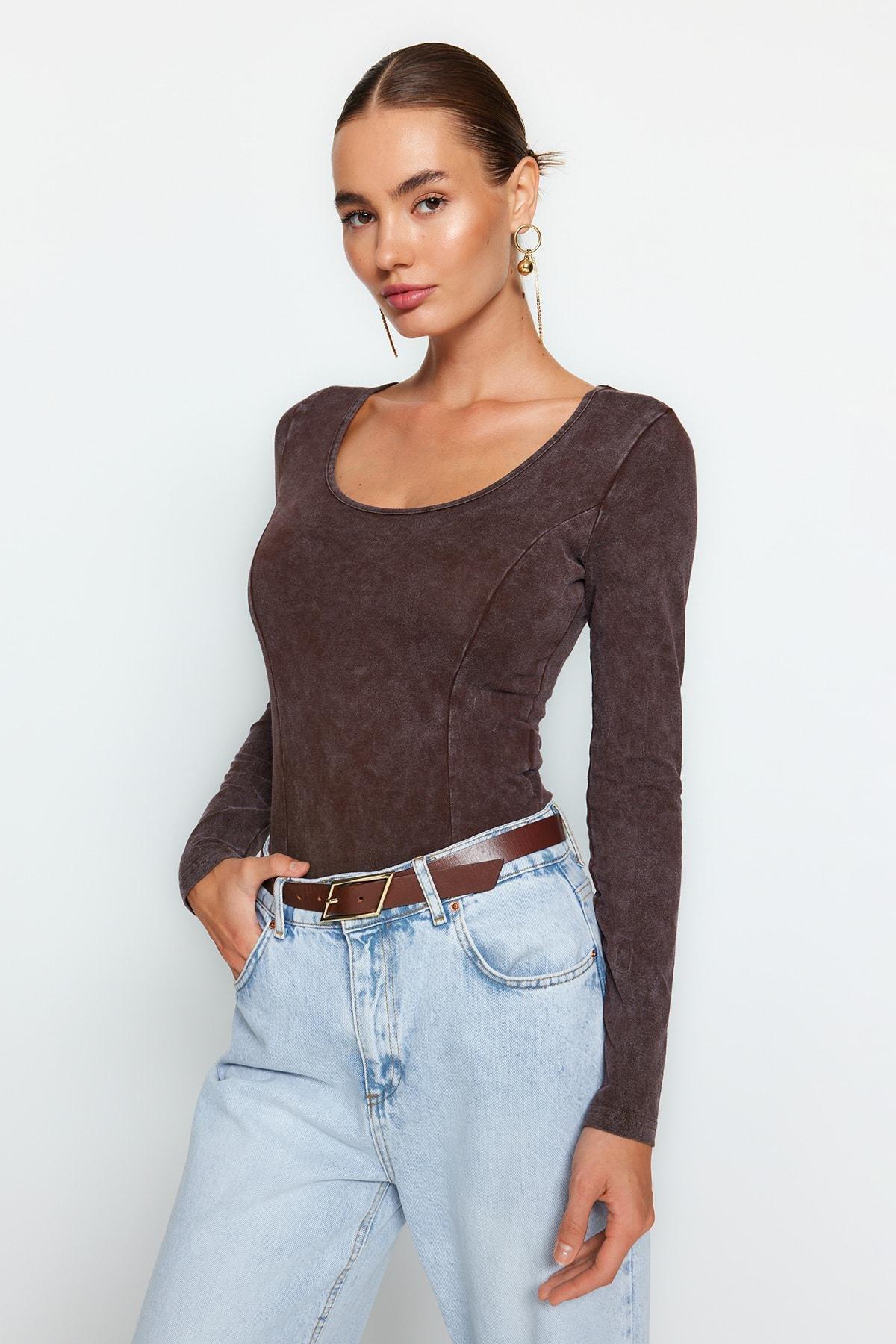 Brown Long Sleeves Bodysuit, , large image number 1