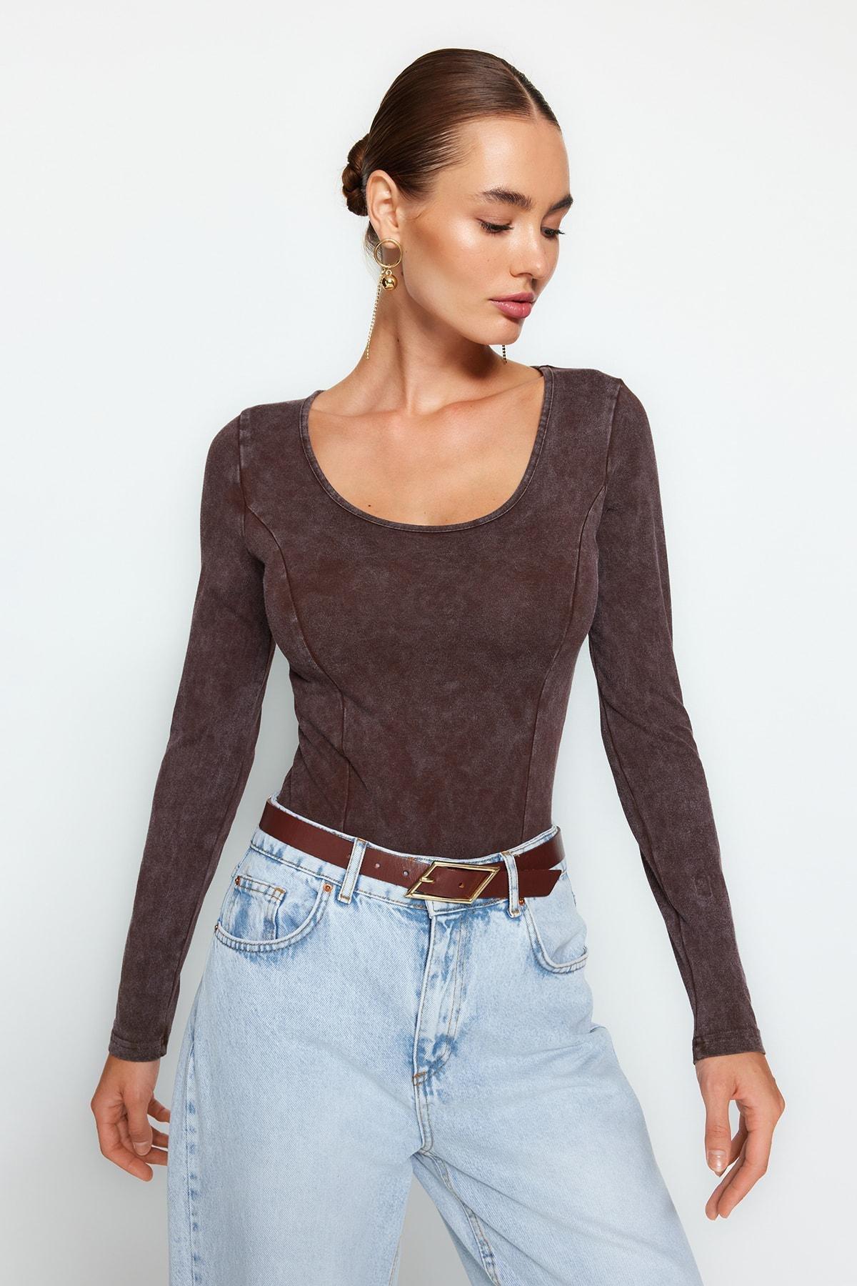 Brown Long Sleeves Bodysuit, , large image number 2