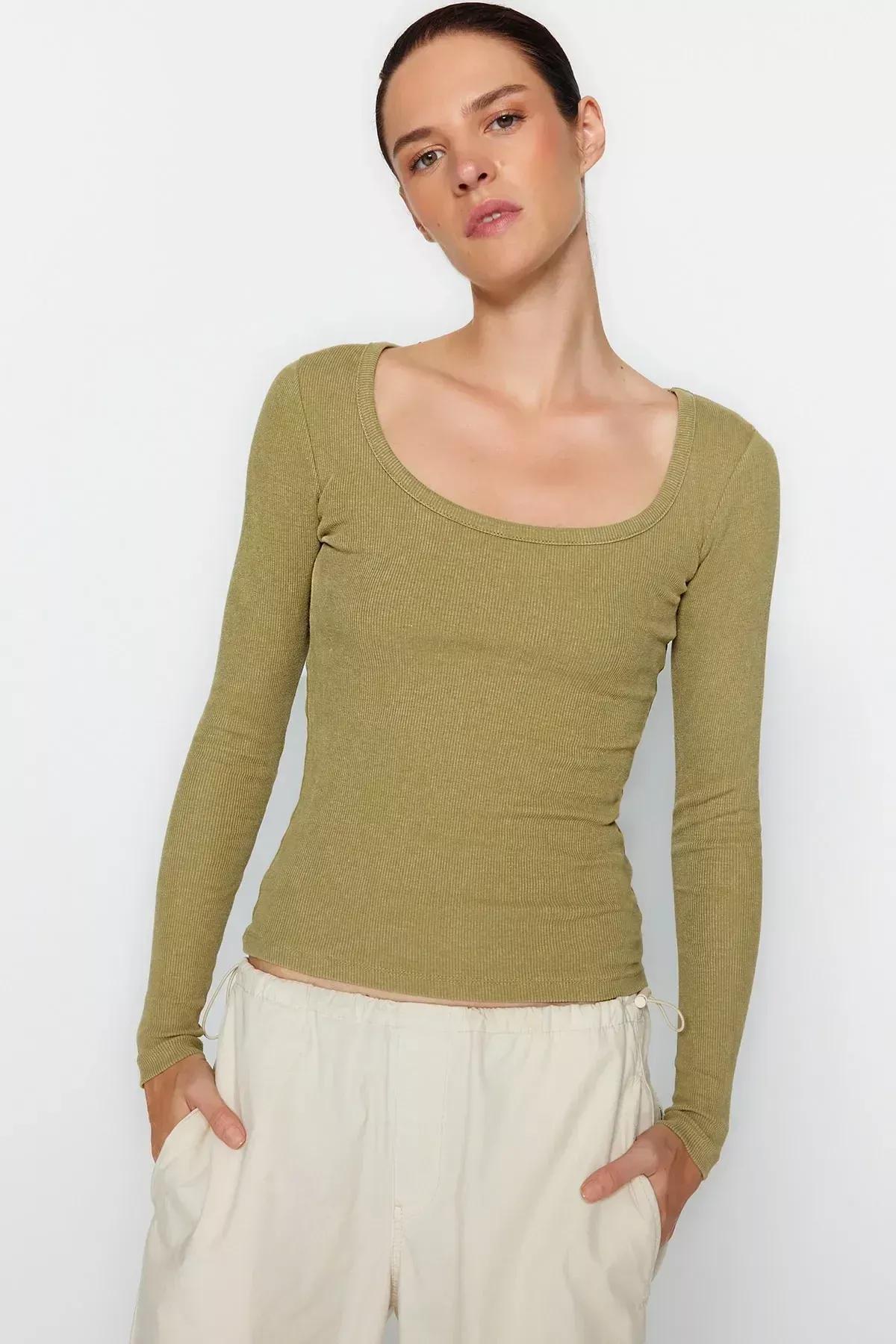 Khaki Washed Knitted Blouse, Khaki, large image number 0