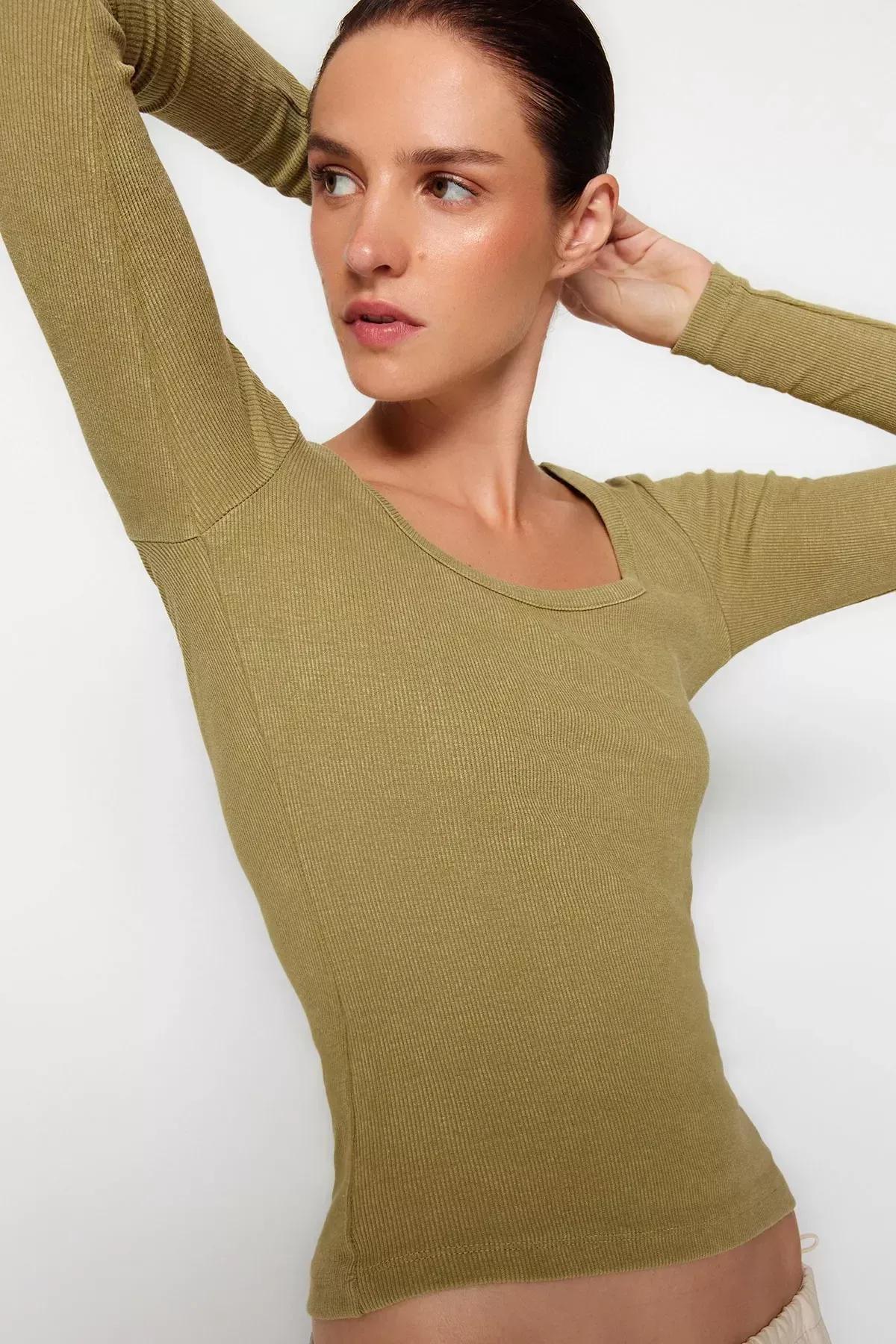Khaki Washed Knitted Blouse, Khaki, large image number 1