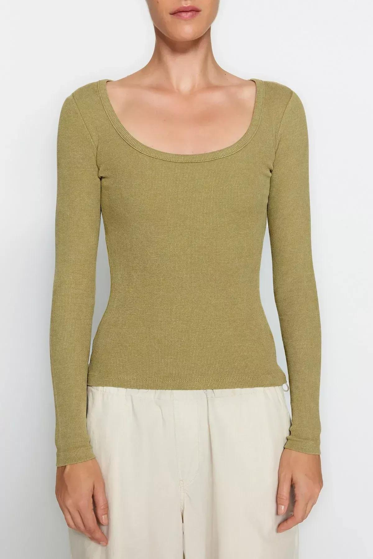 Khaki Washed Knitted Blouse, Khaki, large image number 2