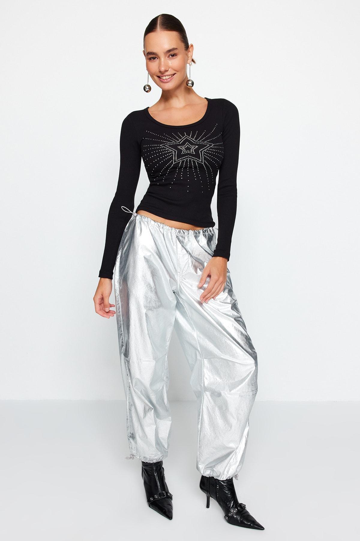 Black Ribbed Printed Knitted Blouse, , large image number 1