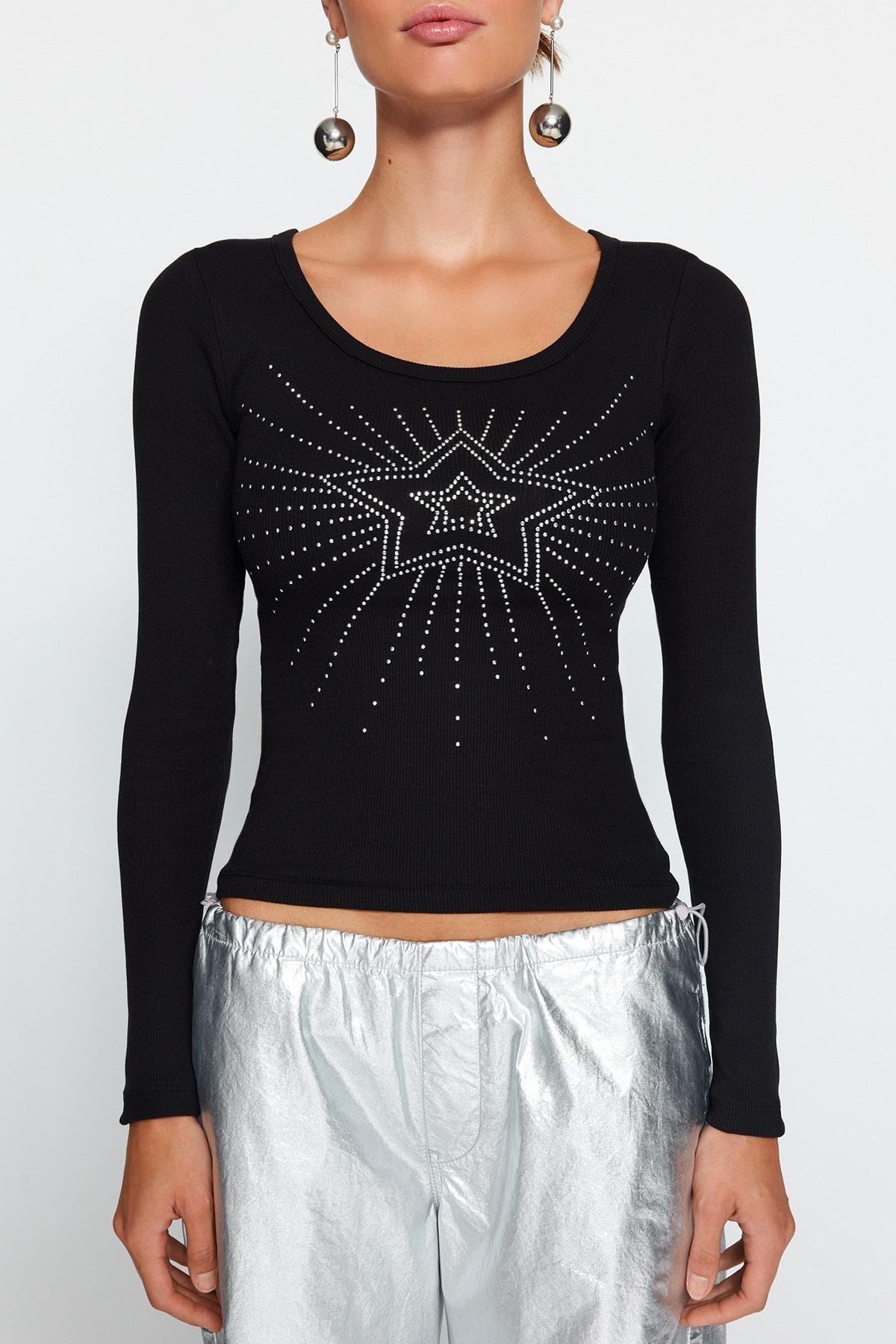 Black Ribbed Printed Knitted Blouse, , large image number 3