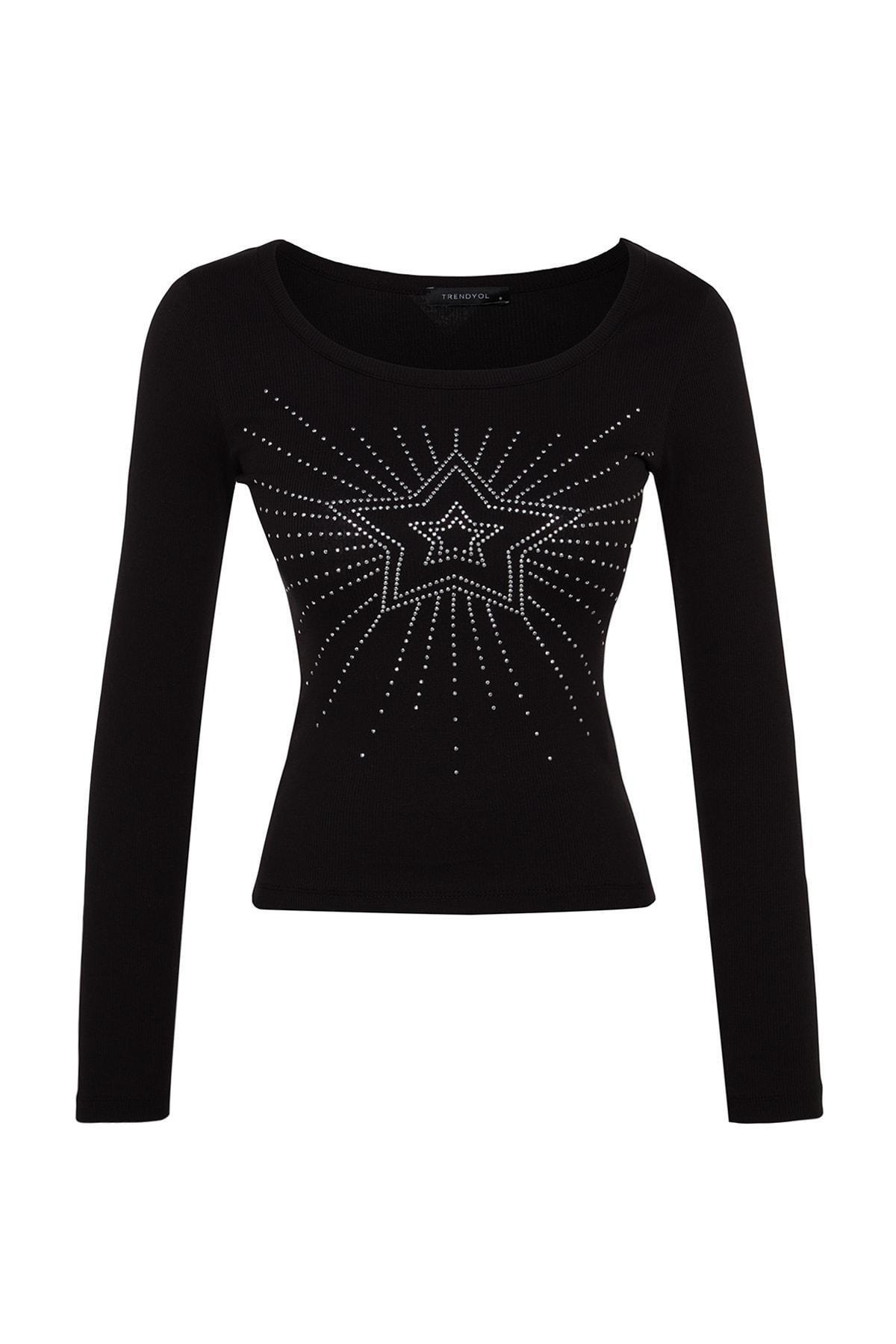 Black Ribbed Printed Knitted Blouse, , large image number 5