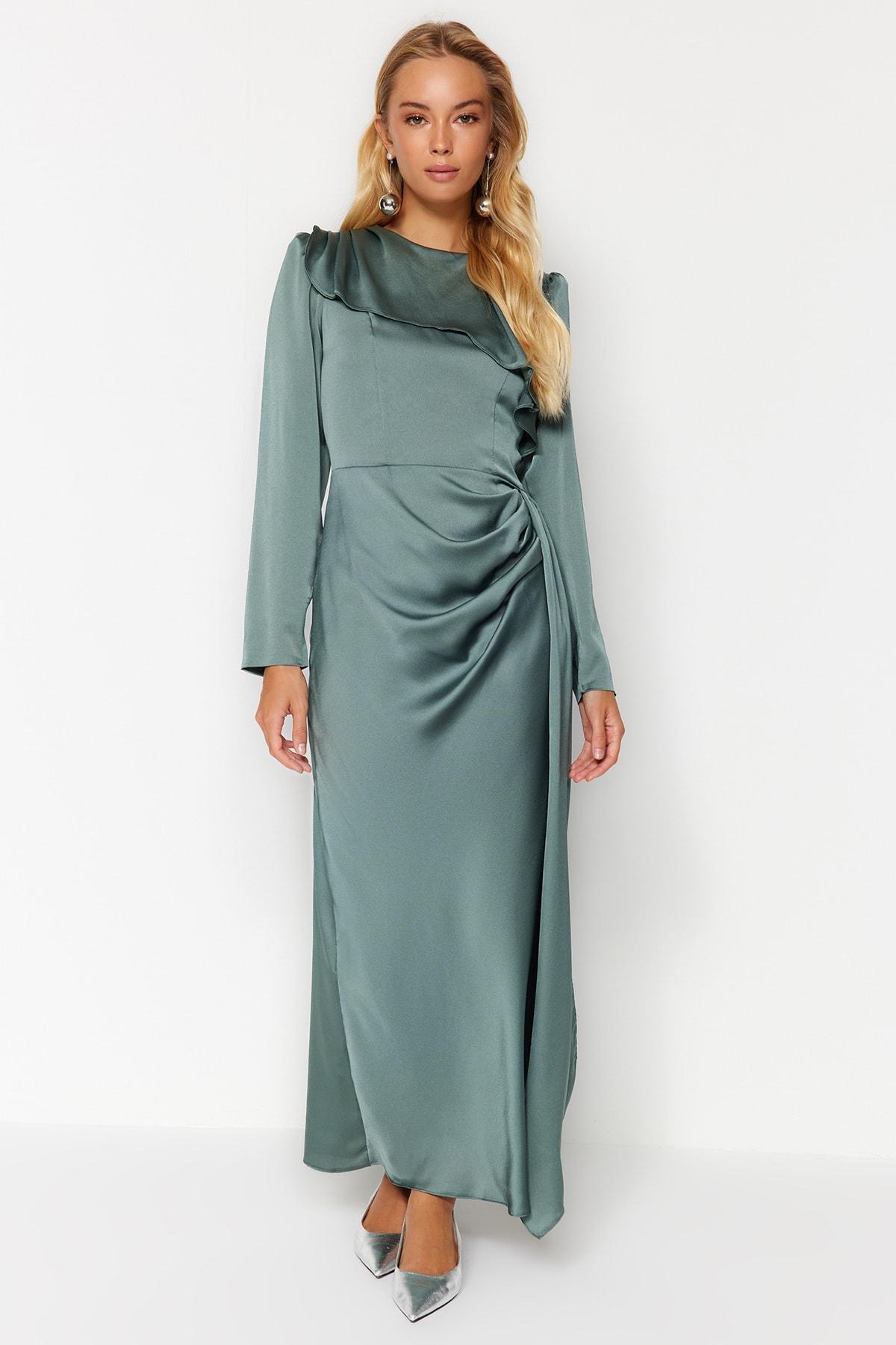 Khaki Shawl Detailed Satin Occasionwear Dress, , large image number 1