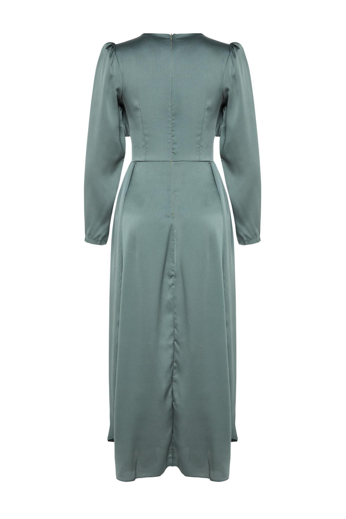 Khaki Shawl Detailed Satin Occasionwear Dress, , large image number 5