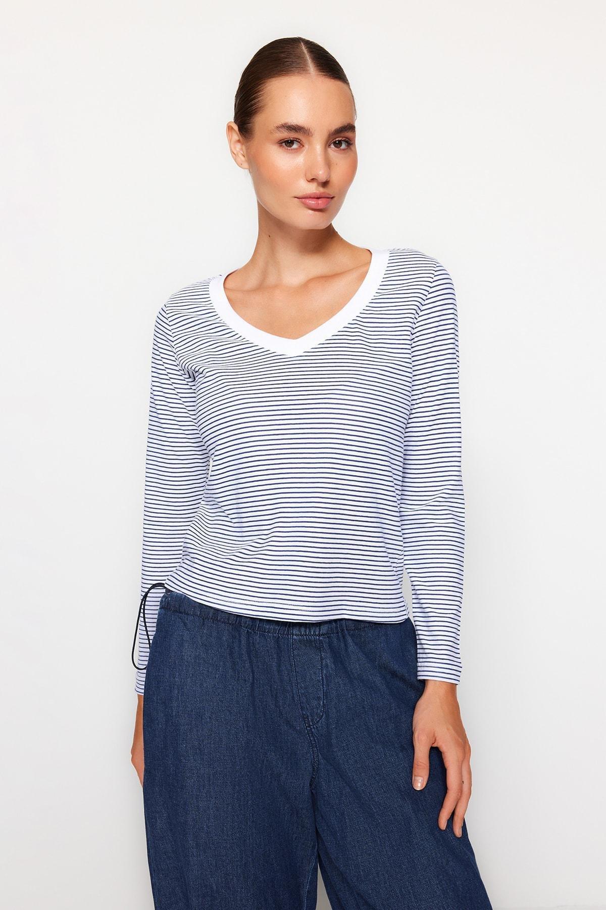 Trendyol - Navy Striped V-Neck Knitted T-Shirt