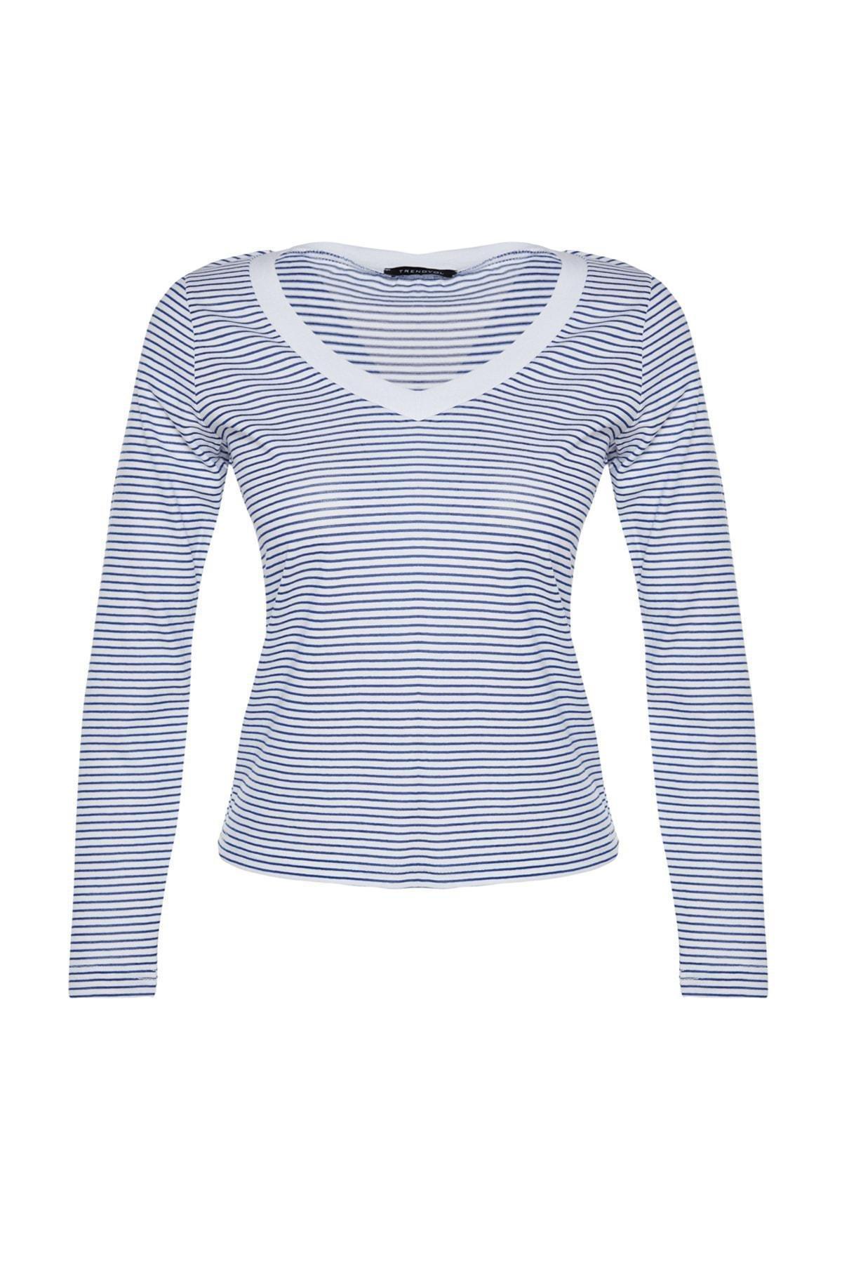 Trendyol - Navy Striped V-Neck Knitted T-Shirt