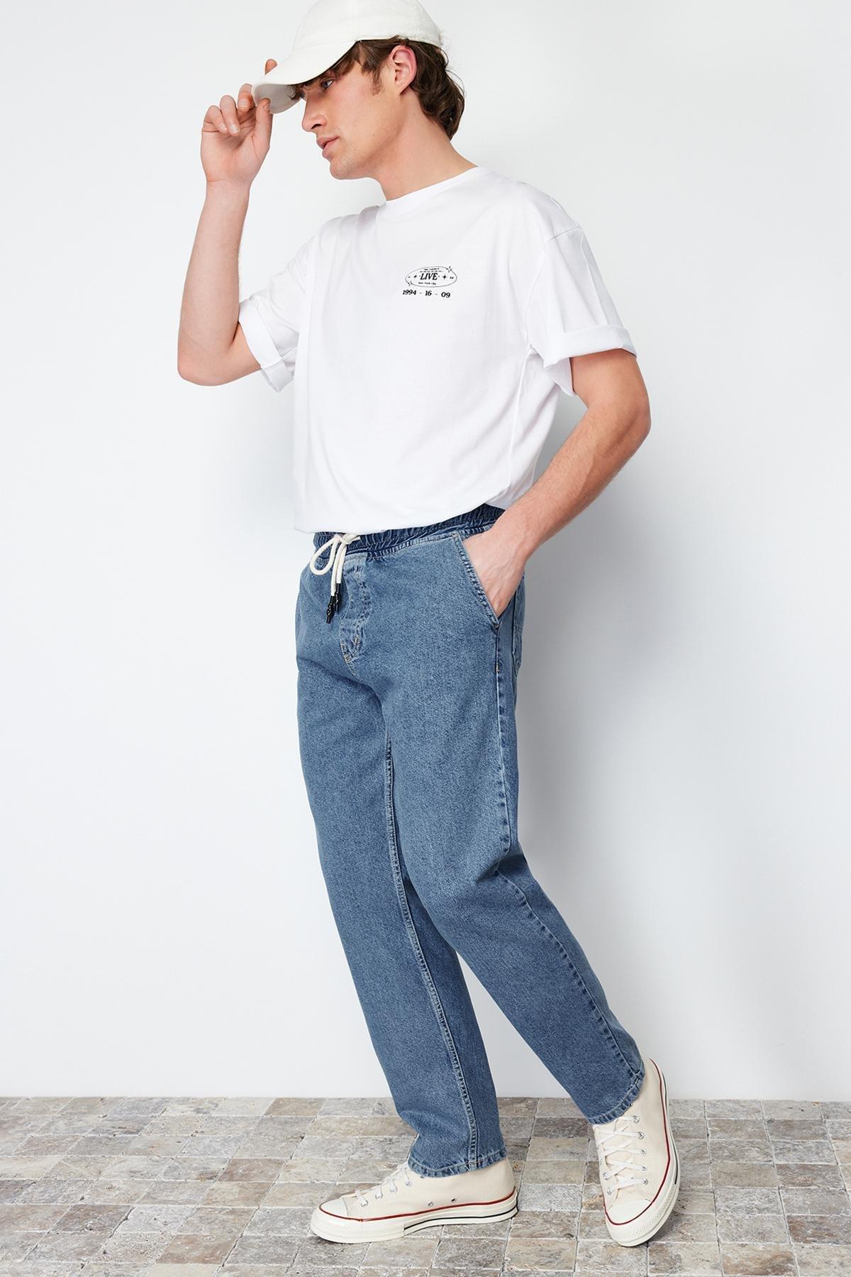 Blue Elastic Waist Wide Fit Loose Jeans Jeans TMNAW24JE00025, single, , large image number 0