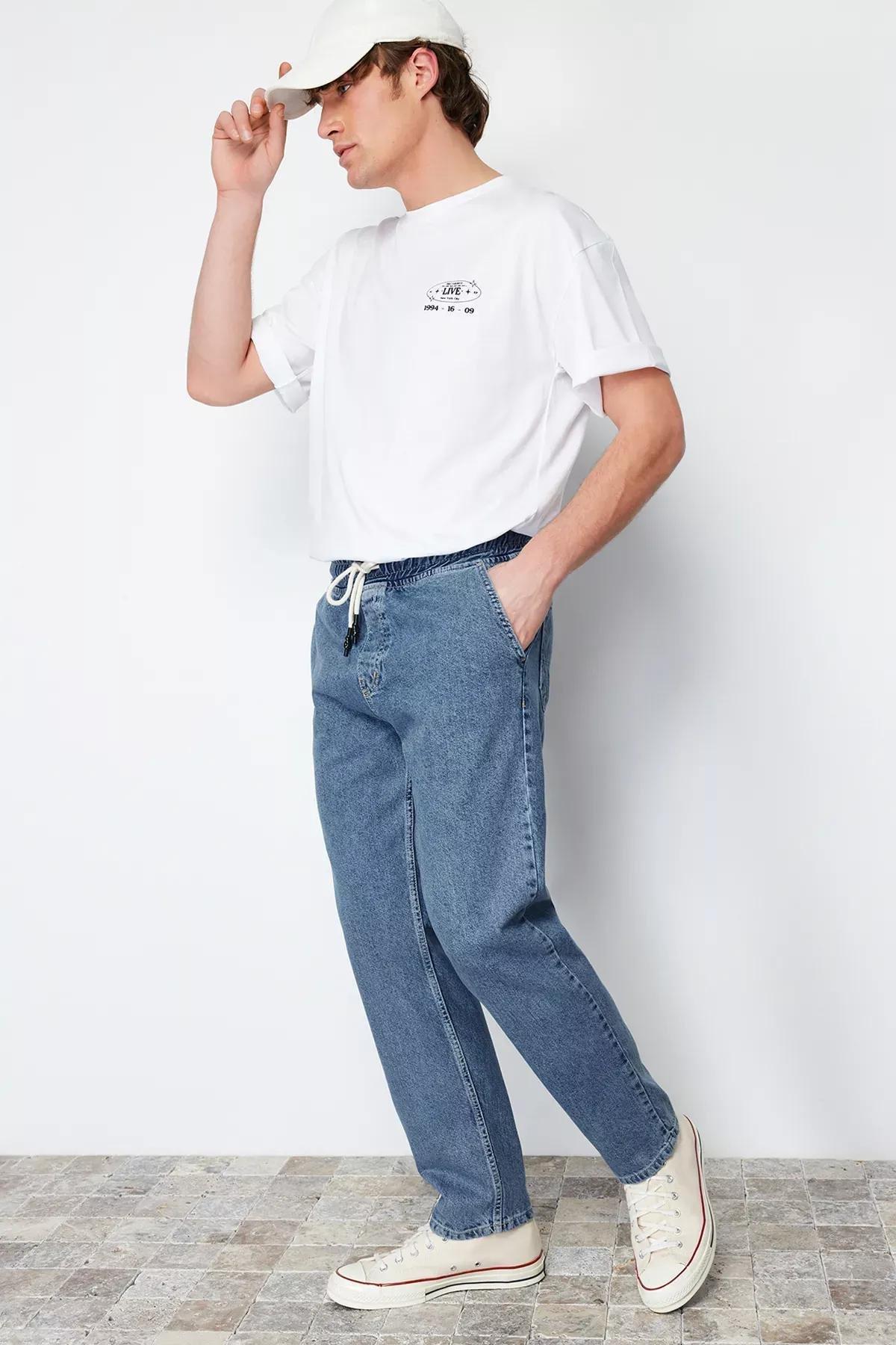 Blue Elastic Waist Wide Fit Jeans, , medium
