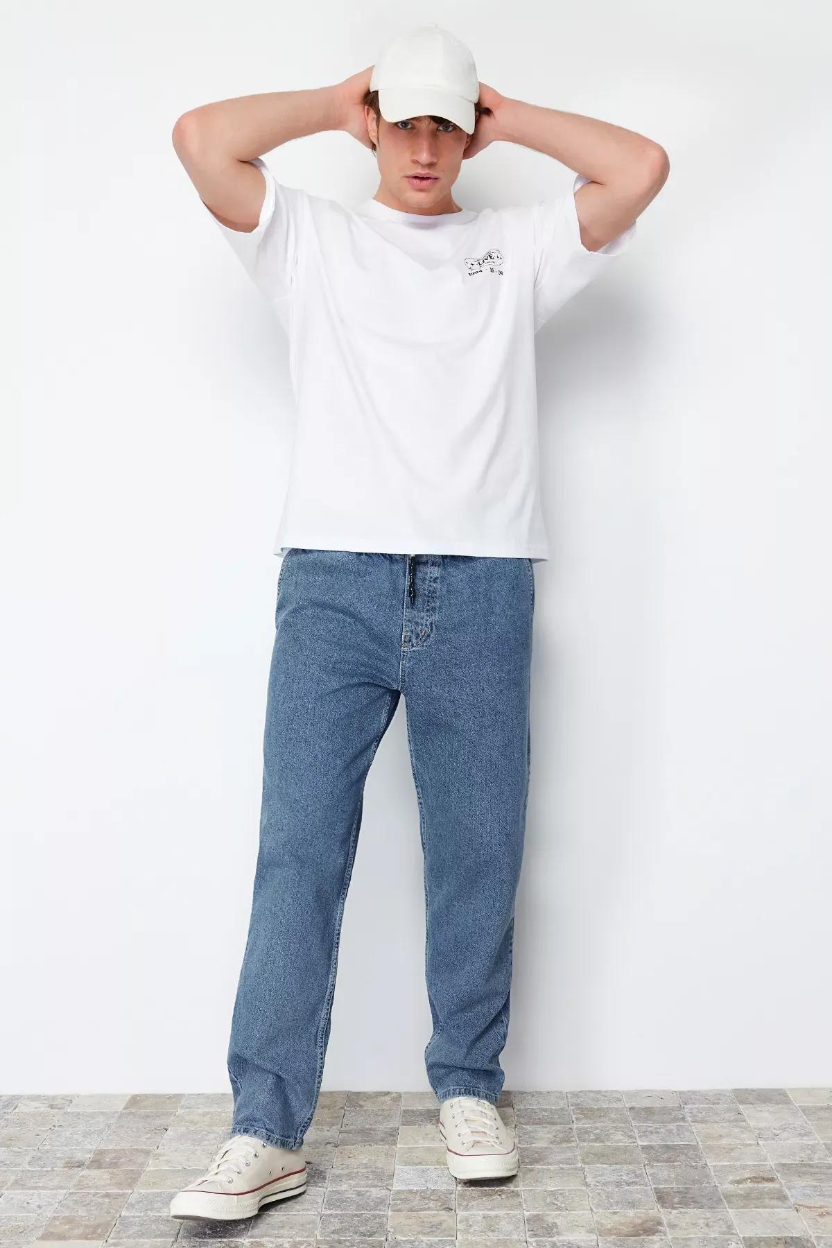 Blue Elastic Waist Wide Fit Jeans, Light Blue-6006, medium