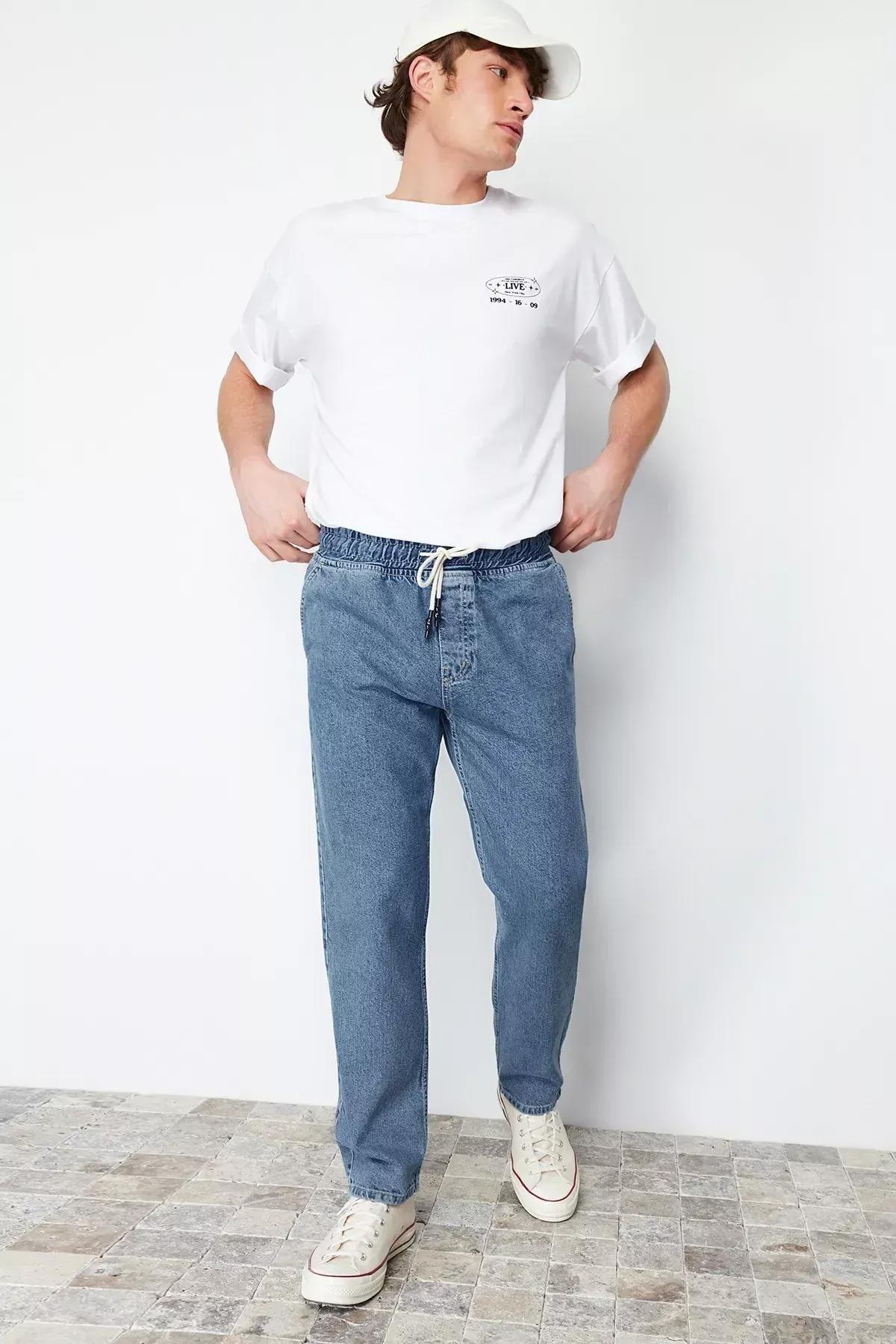 Blue Elastic Waist Wide Fit Jeans, Light Blue-6006, medium