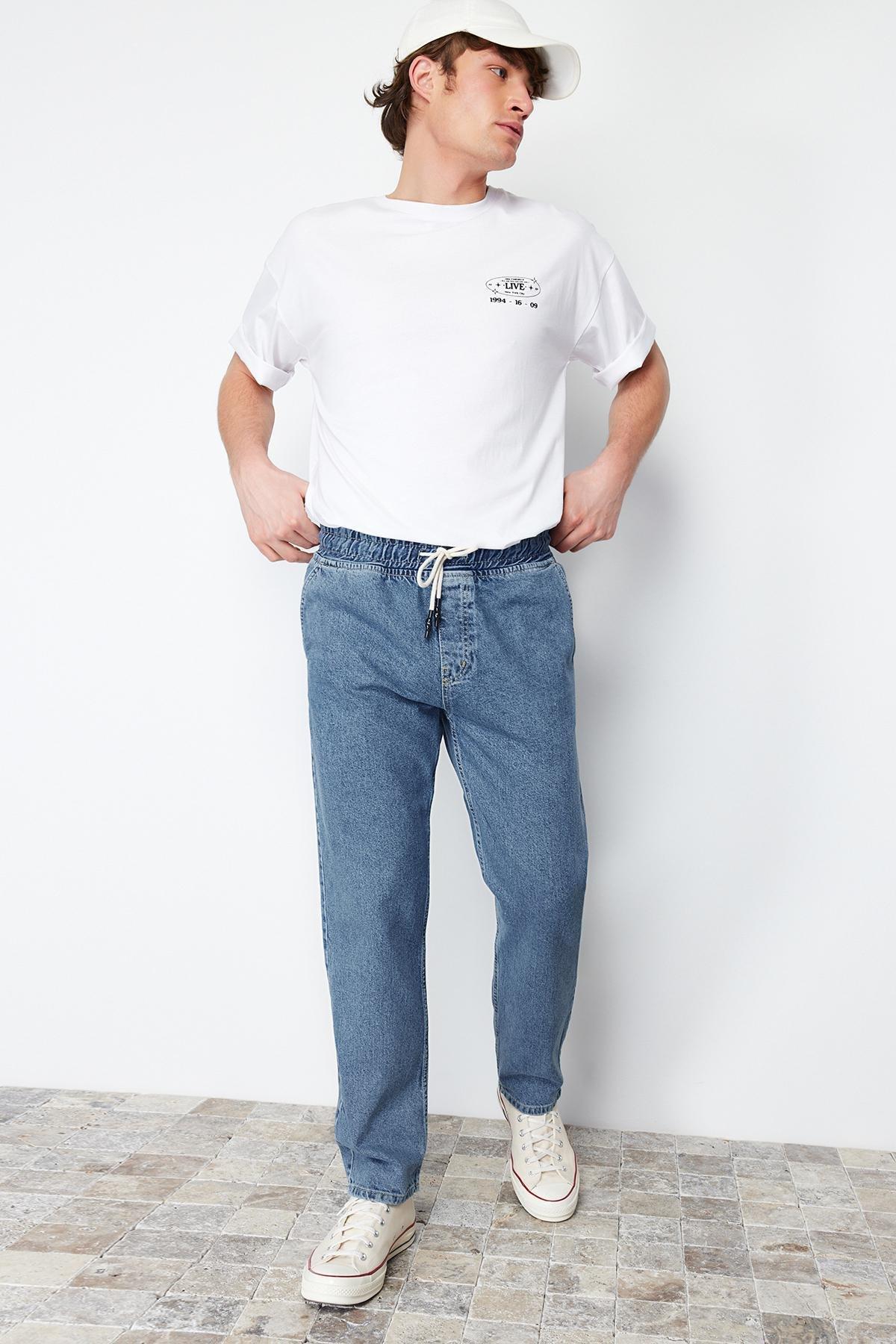Blue Elastic Waist Wide Fit Loose Jeans Jeans TMNAW24JE00025, single, , large image number 3
