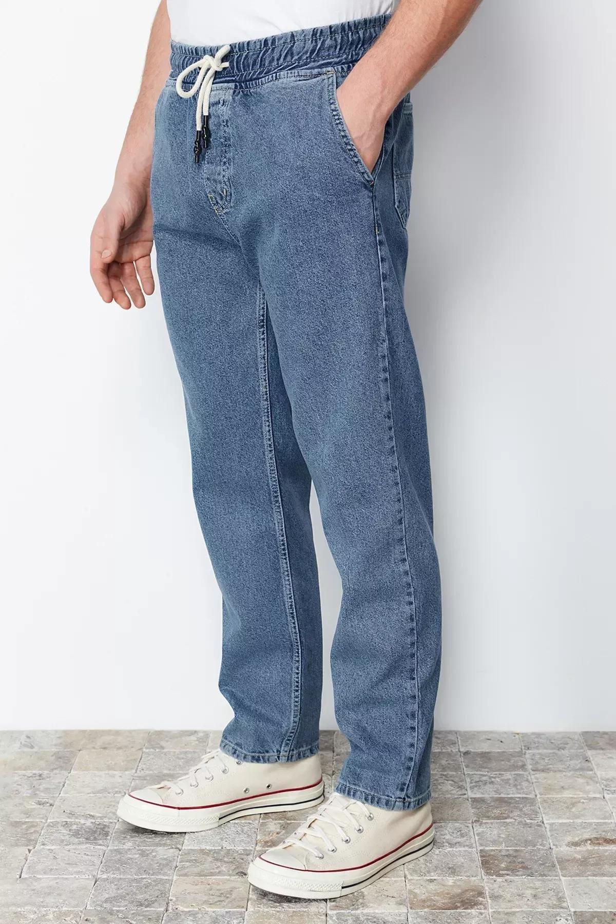 Blue Elastic Waist Wide Fit Jeans, Light Blue-6006, large image number 4