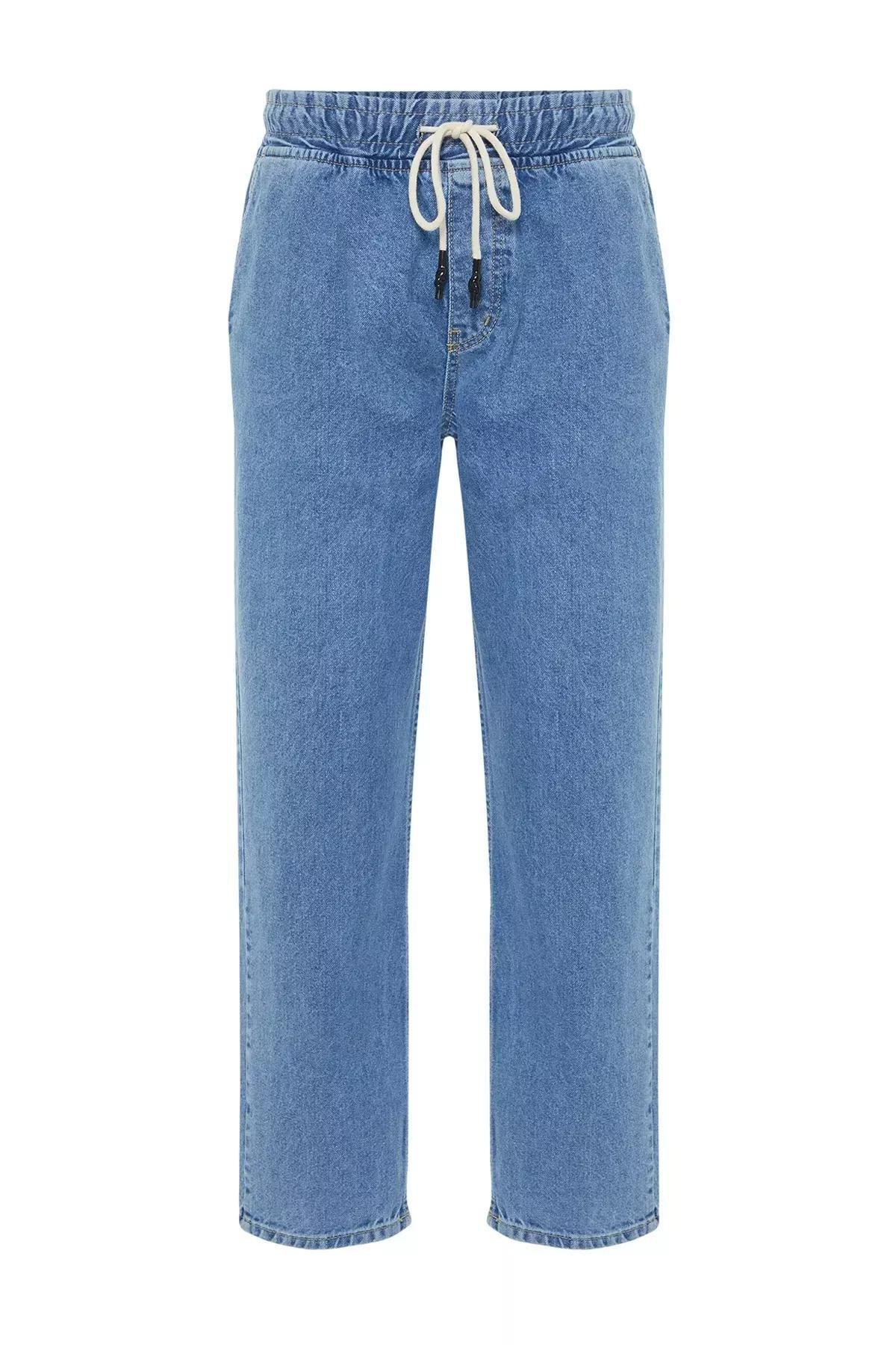 Blue Elastic Waist Wide Fit Jeans, Light Blue-6006, large image number 5