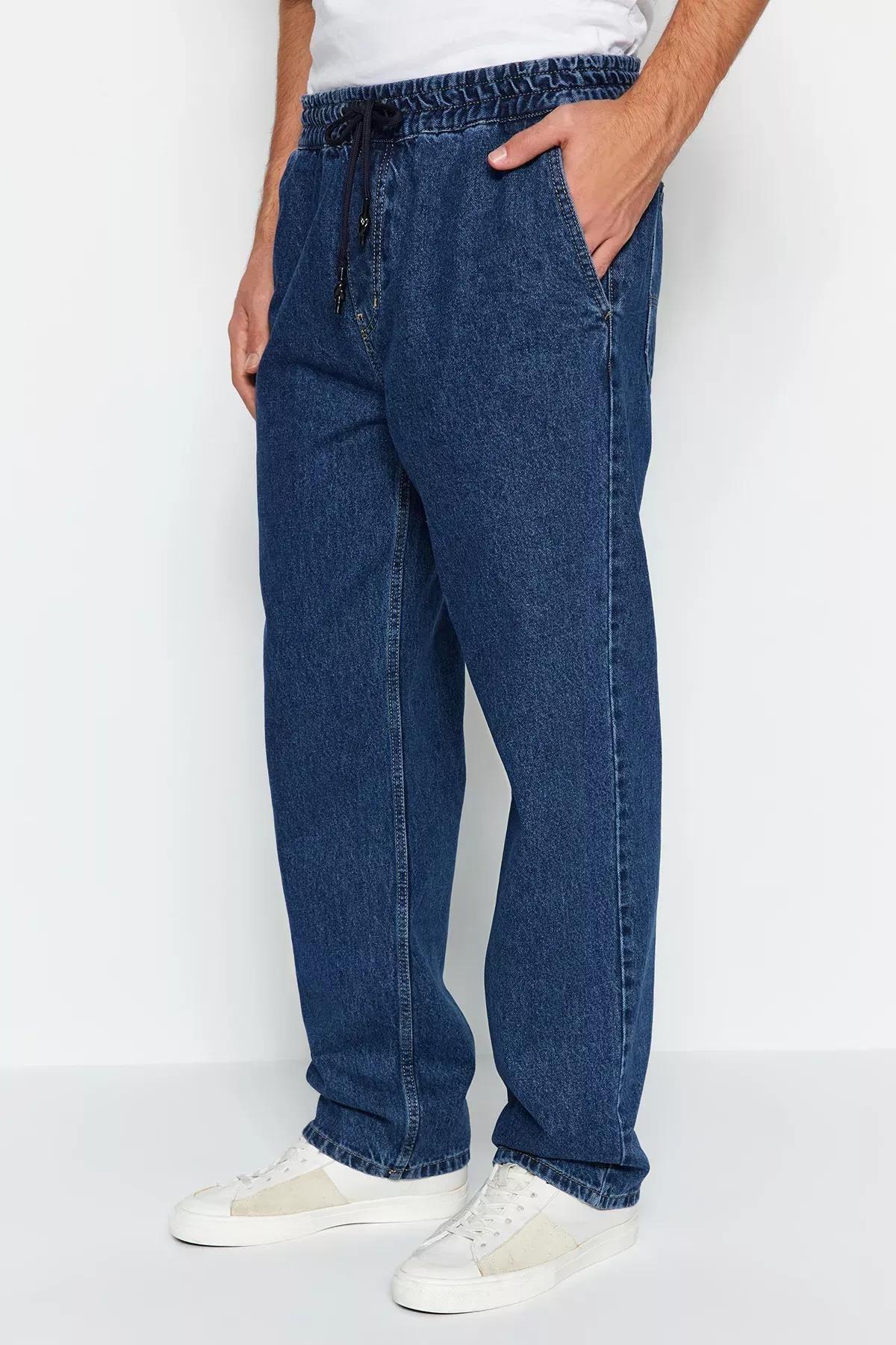 Navy Regular Fit Elastic Waist Jeans, , medium