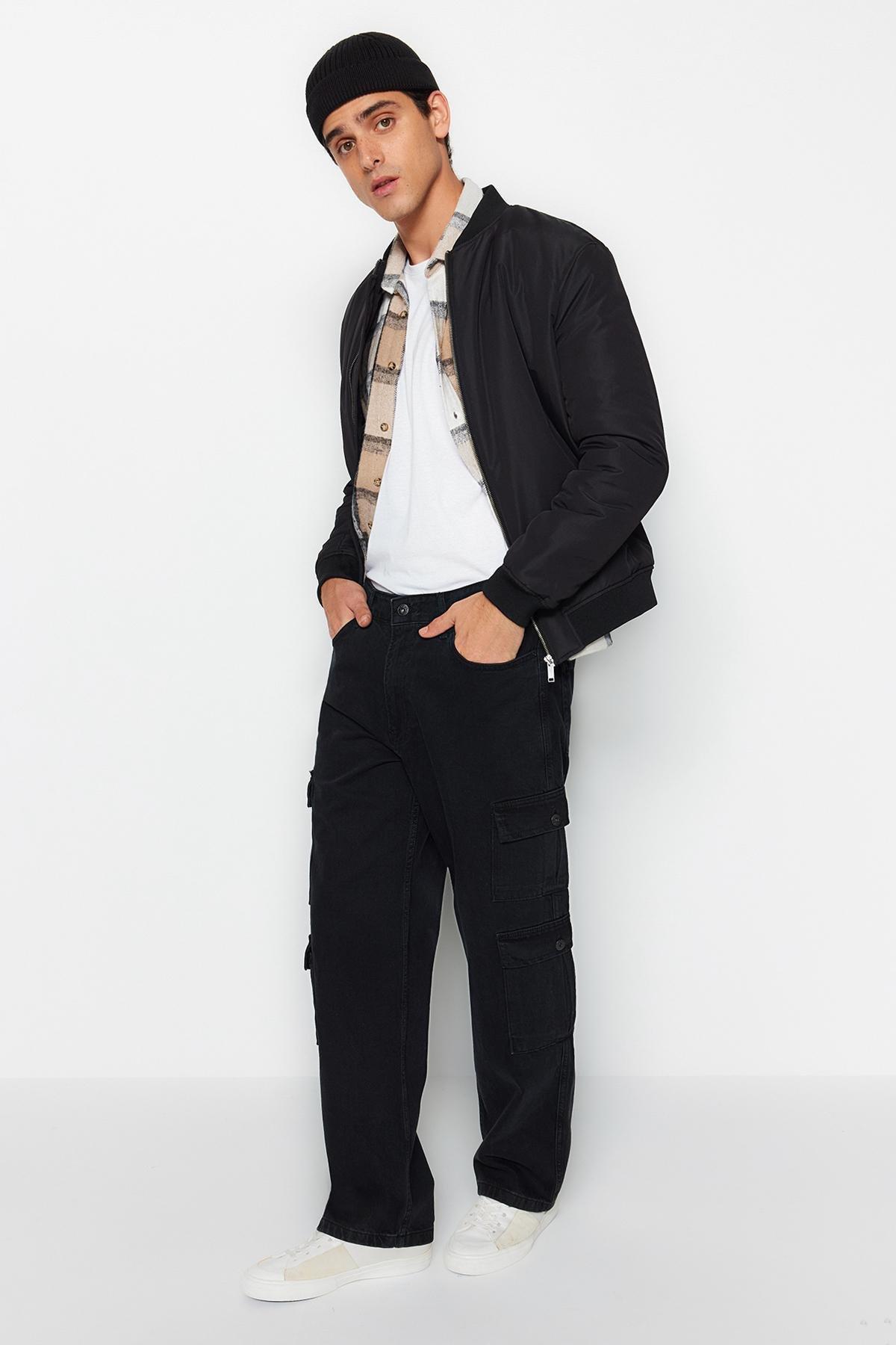 Black Cargo Pockets Wide Fit Jeans, , large image number 0