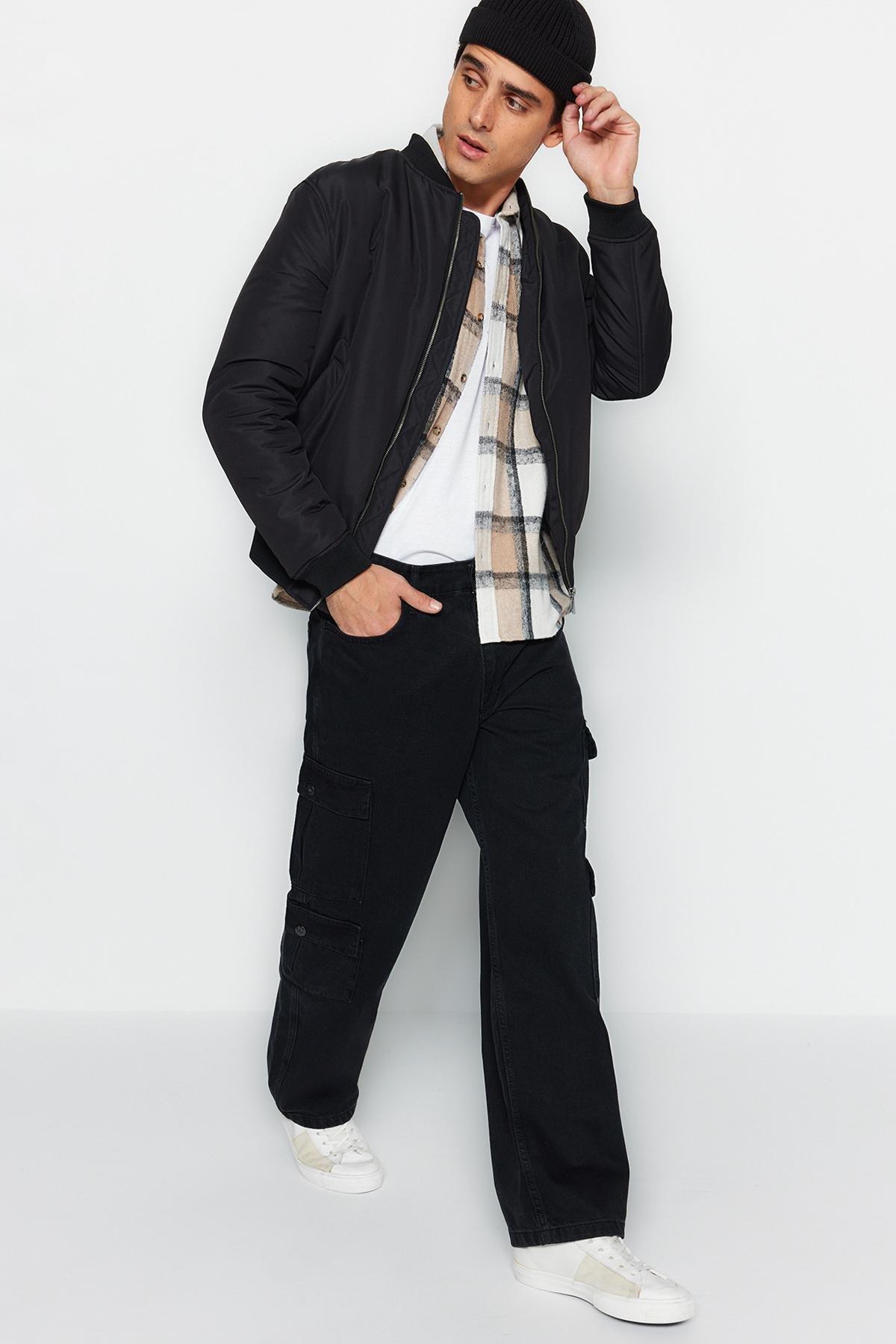 Black Cargo Pockets Wide Fit Jeans, , large image number 1