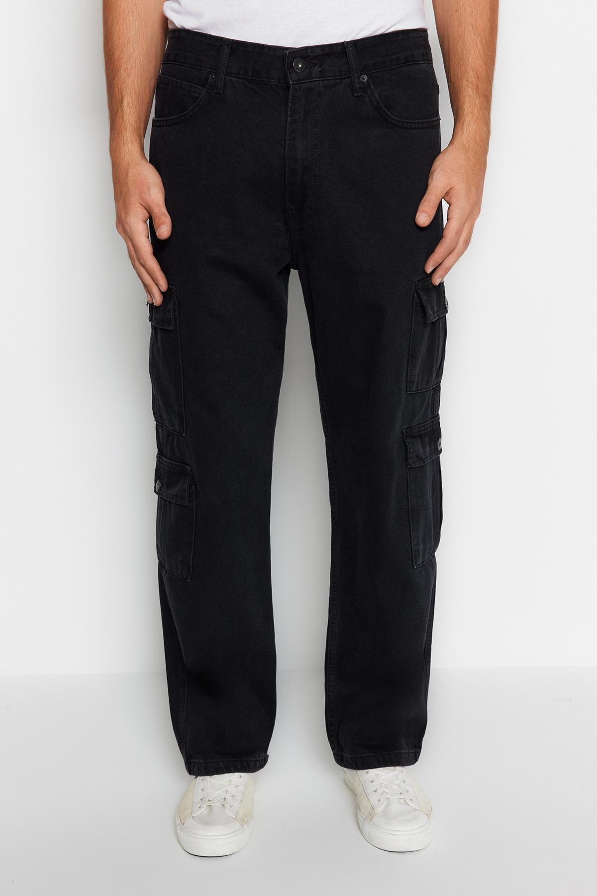 Black Cargo Pockets Wide Fit Jeans, , large image number 3
