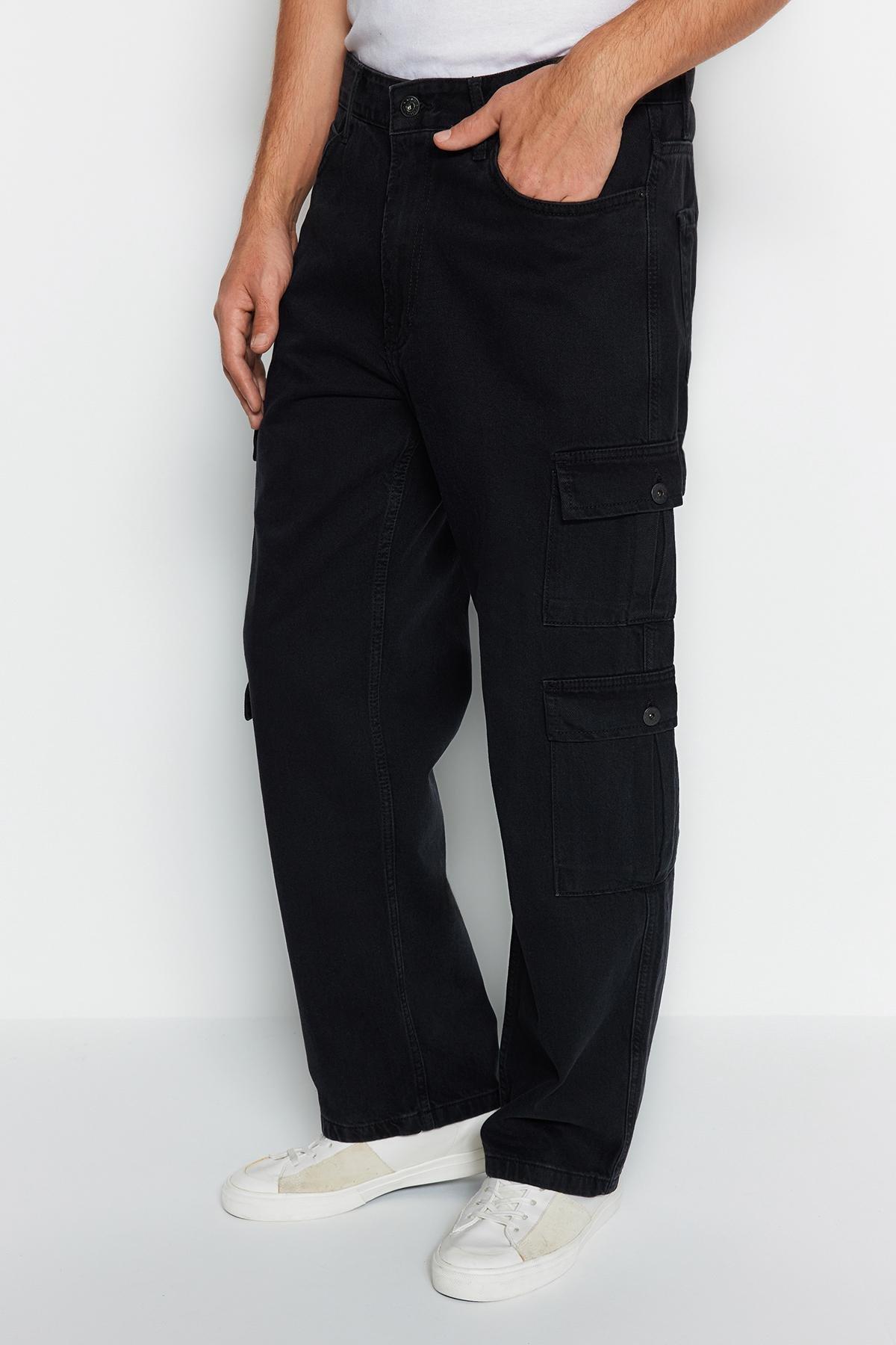 Black Cargo Pockets Wide Fit Jeans, , large image number 4