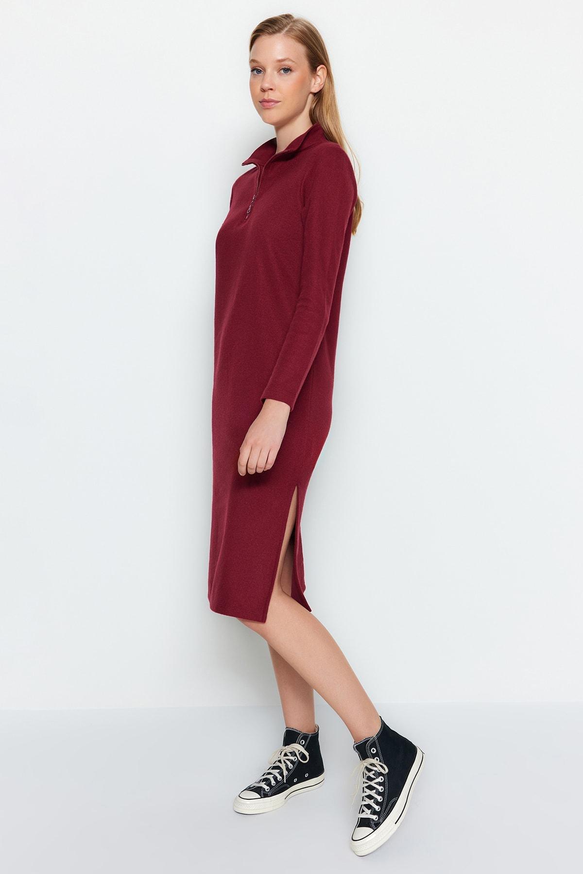 Trendyol - Burgundy Slit Midi Knitted Dress