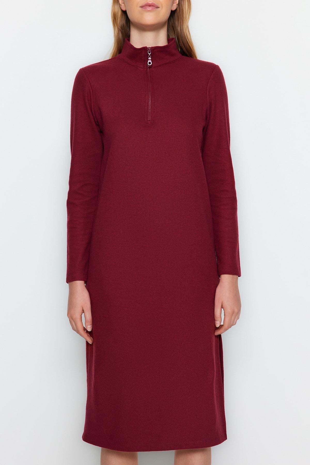 Trendyol - Burgundy Slit Midi Knitted Dress