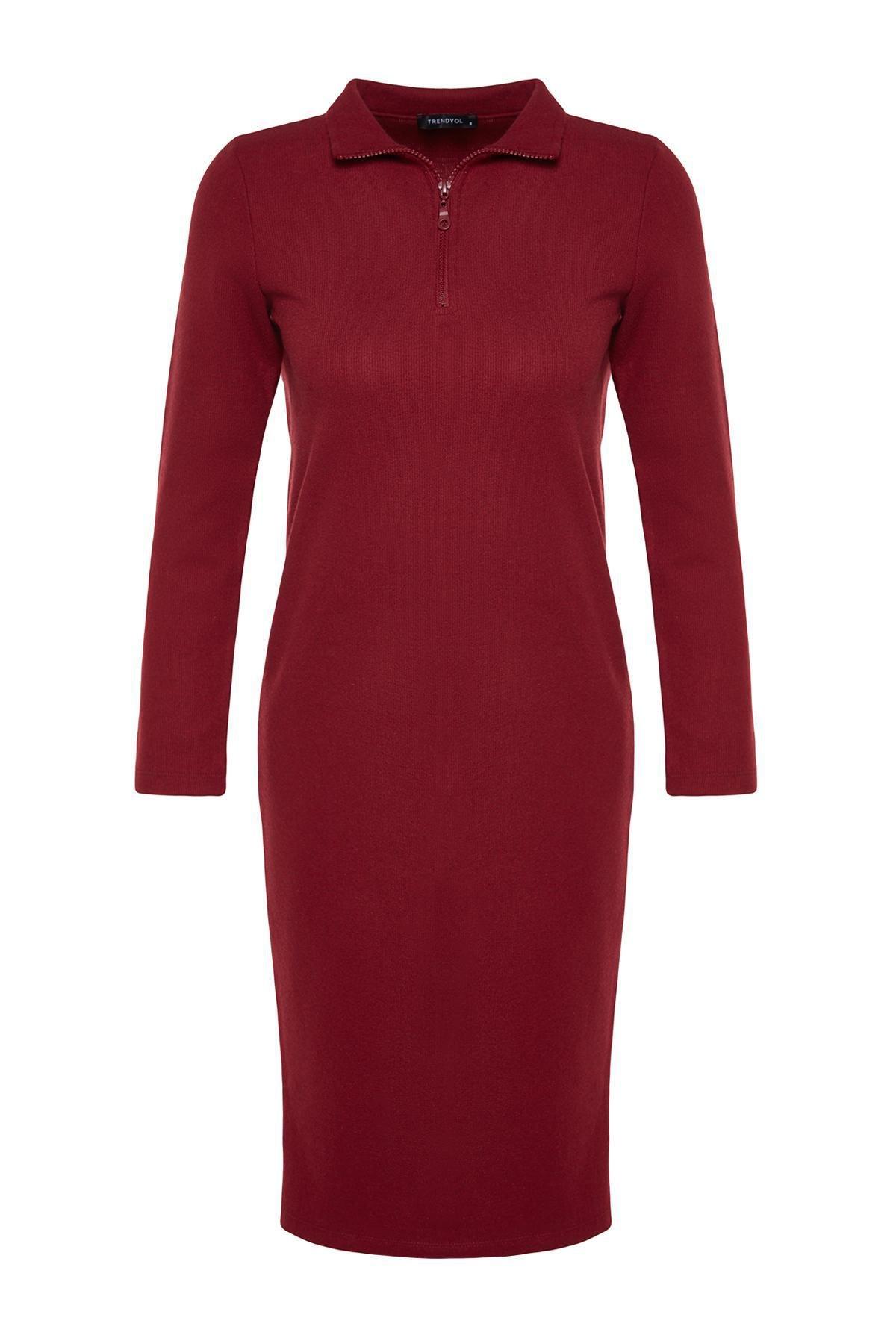 Trendyol - Burgundy Slit Midi Knitted Dress