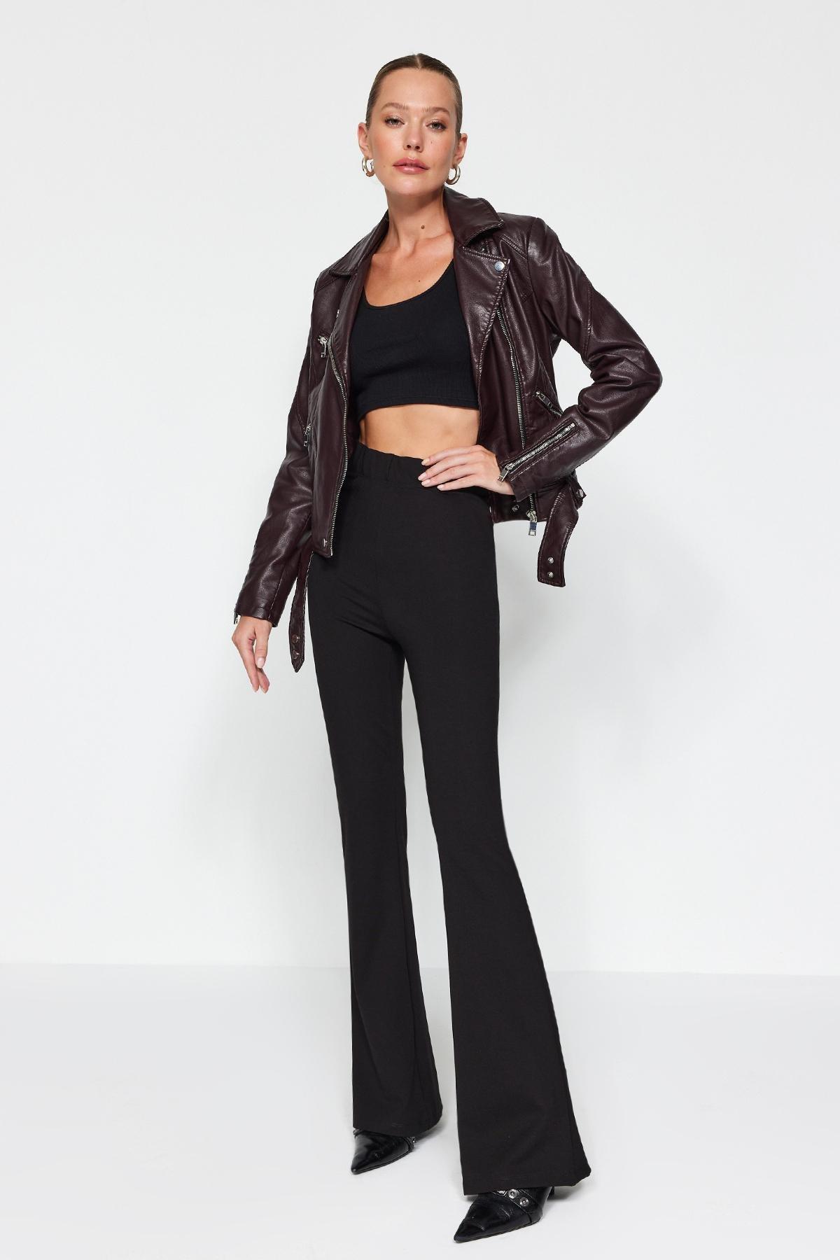 Black Slimming High Waist Flared Trousers, , large image number 1