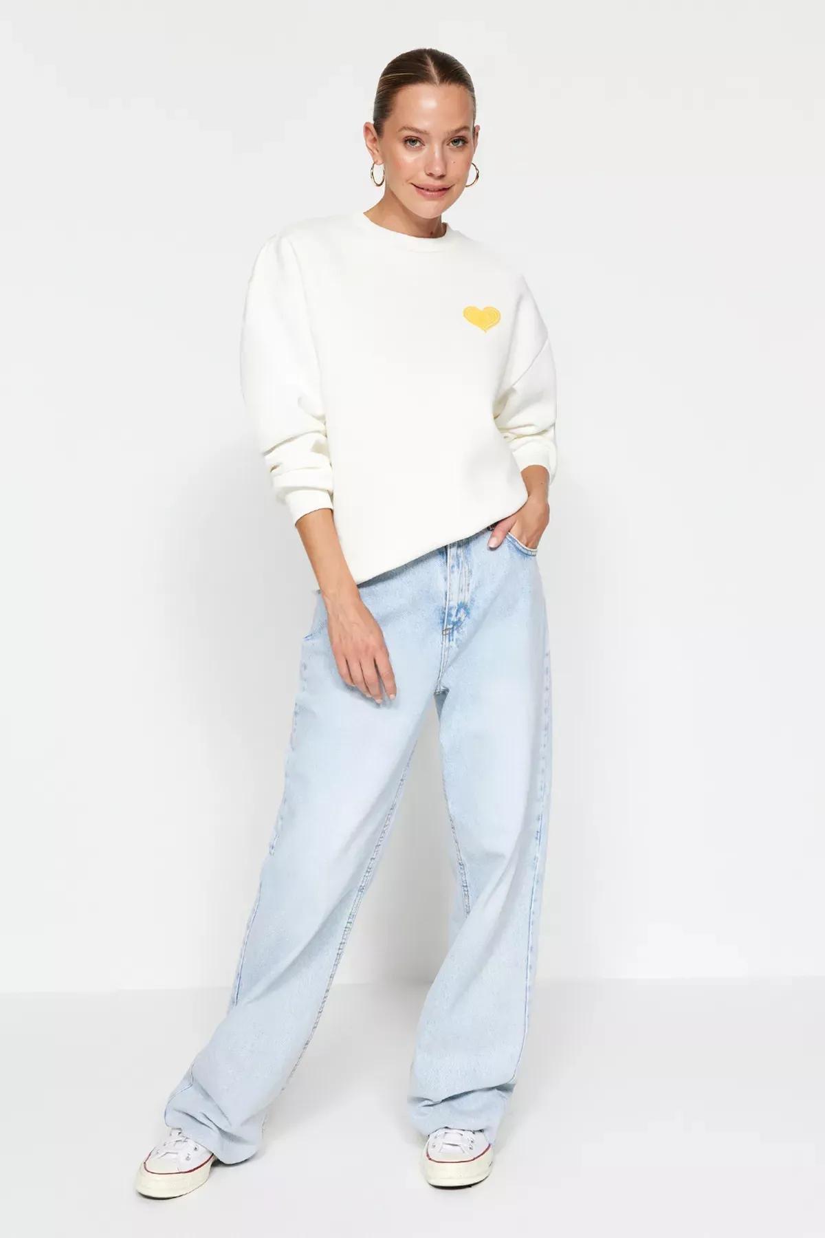 Ecru Embossed Chest Oversized Sweatshirt, Ecru, medium