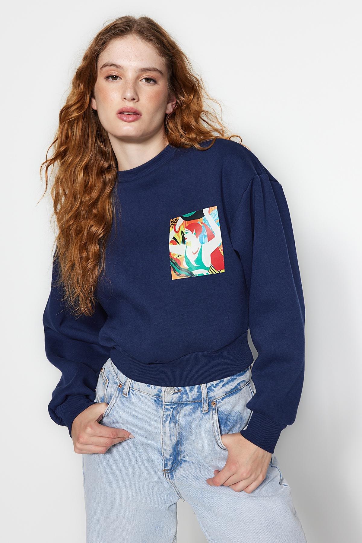 Trendyol - Navy Crew Neck Knitted Sweatshirt