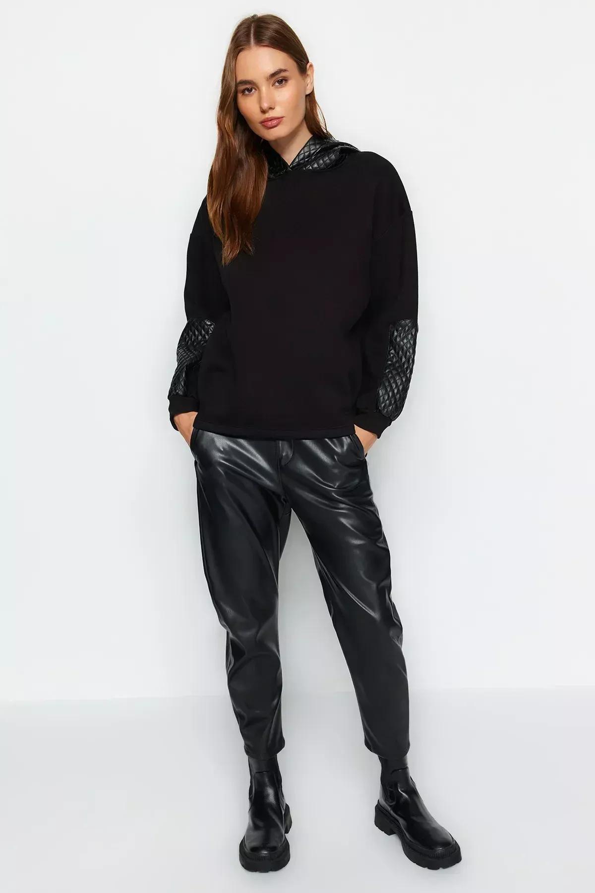 Black Quilted Hooded Knitted Sweatshirt, BLACK, large image number 1