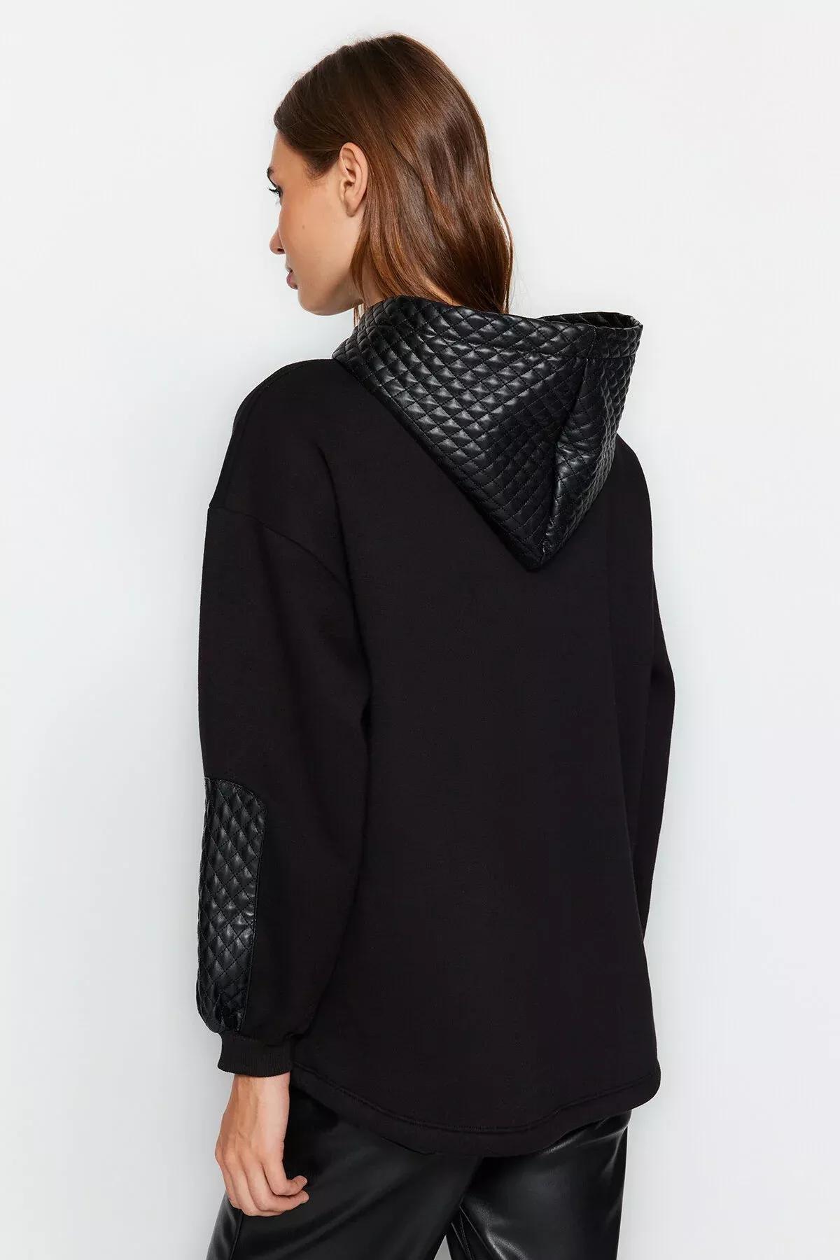 Black Quilted Hooded Knitted Sweatshirt, BLACK, large image number 5