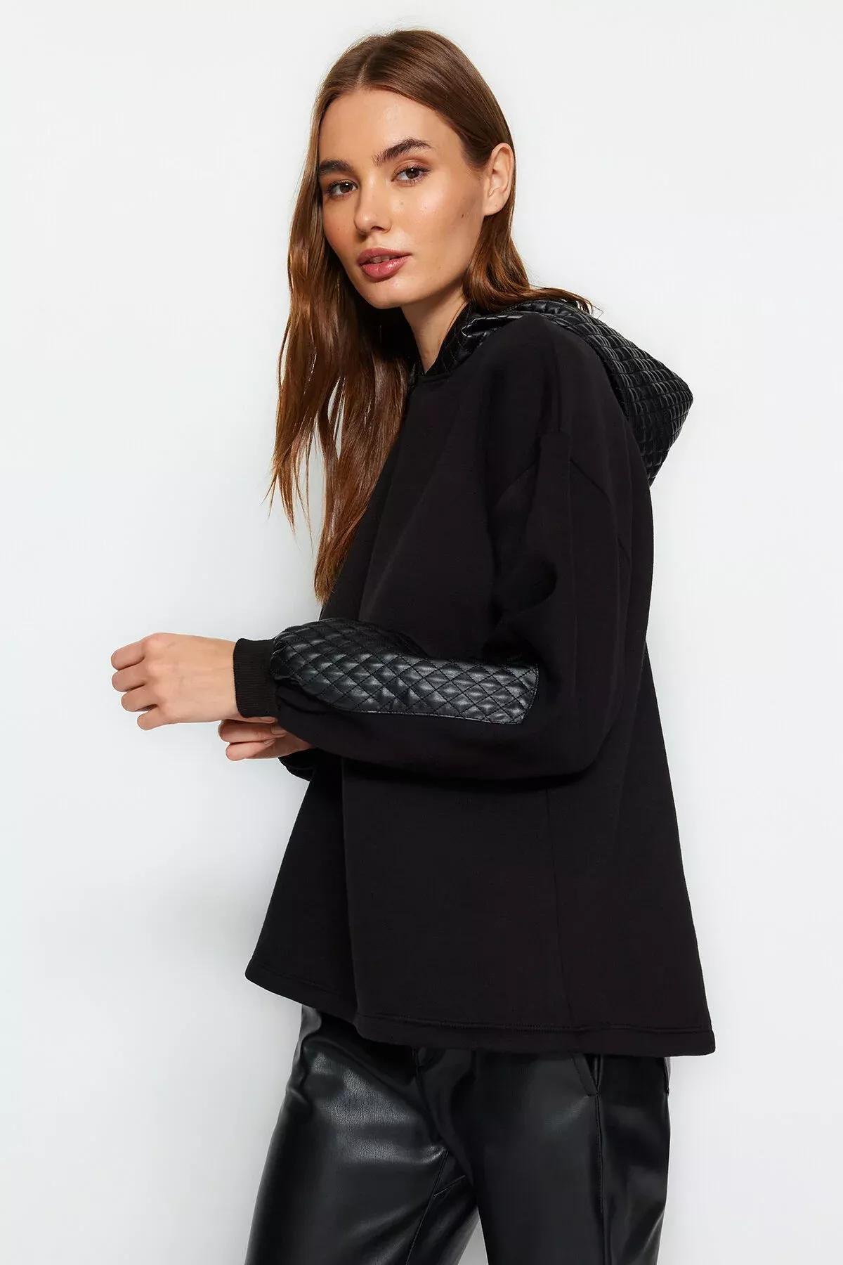 Black Quilted Hooded Knitted Sweatshirt, BLACK, large image number 7