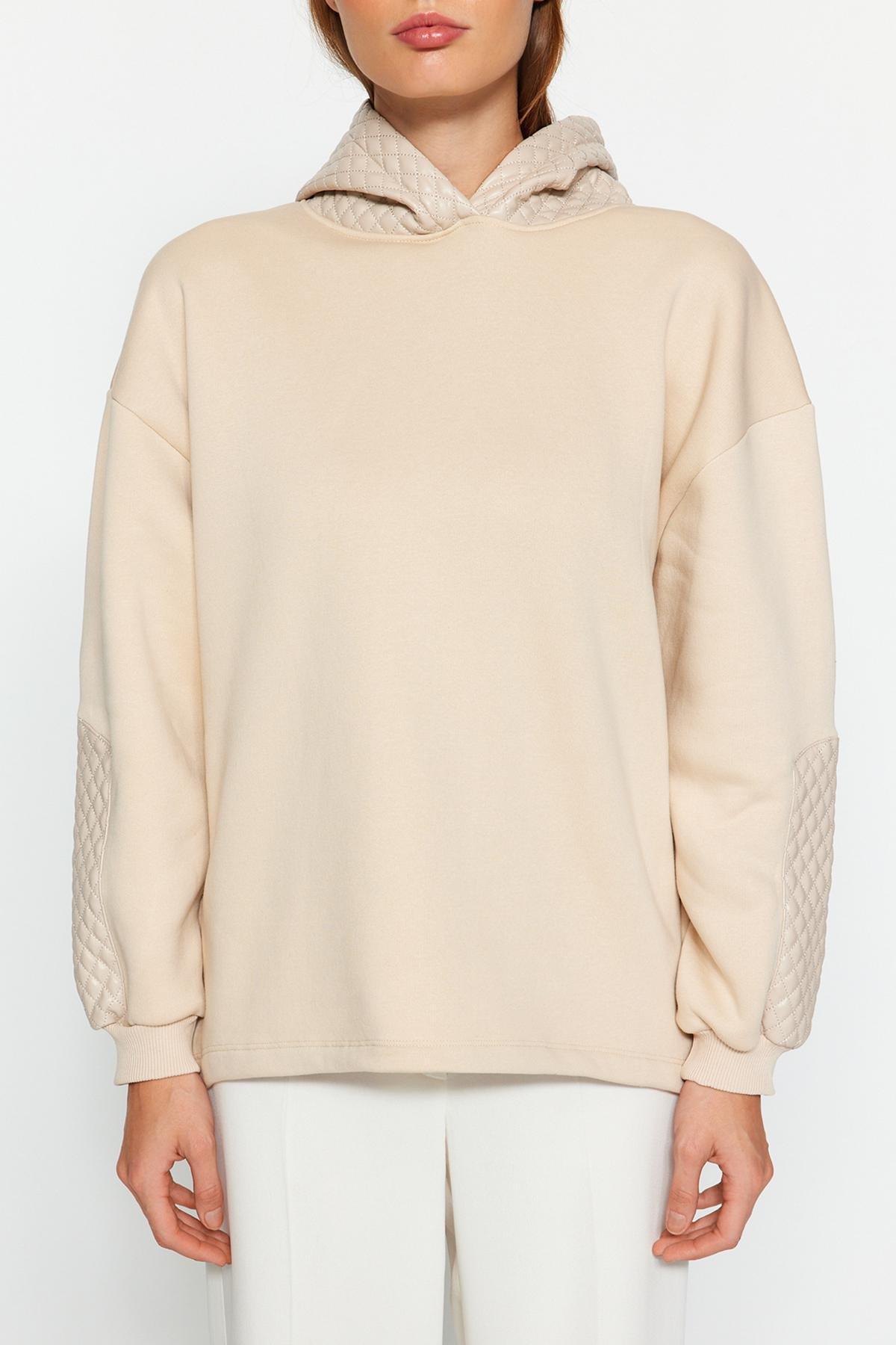 Trendyol - Beige Quilted Hooded Knitted Sweatshirt