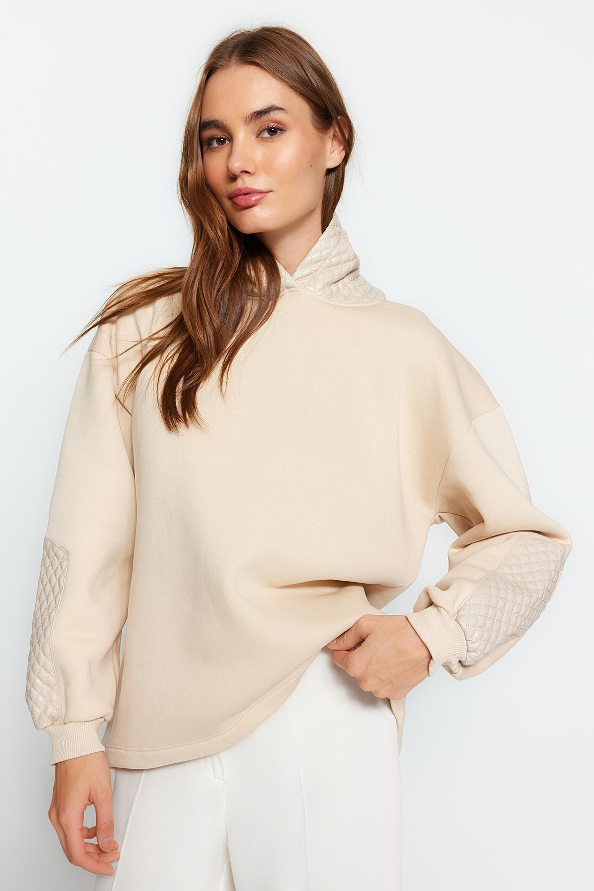 Trendyol - Beige Quilted Hooded Knitted Sweatshirt