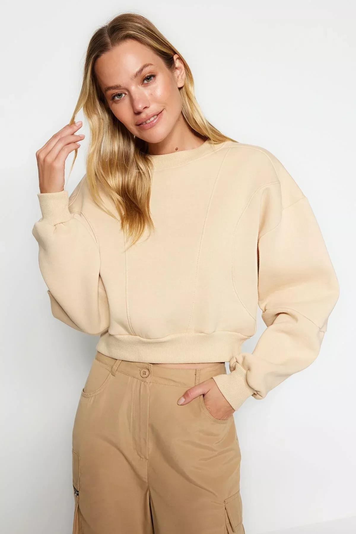 Beige Cropped Knitted Sweatshirt, STONE, large image number 0