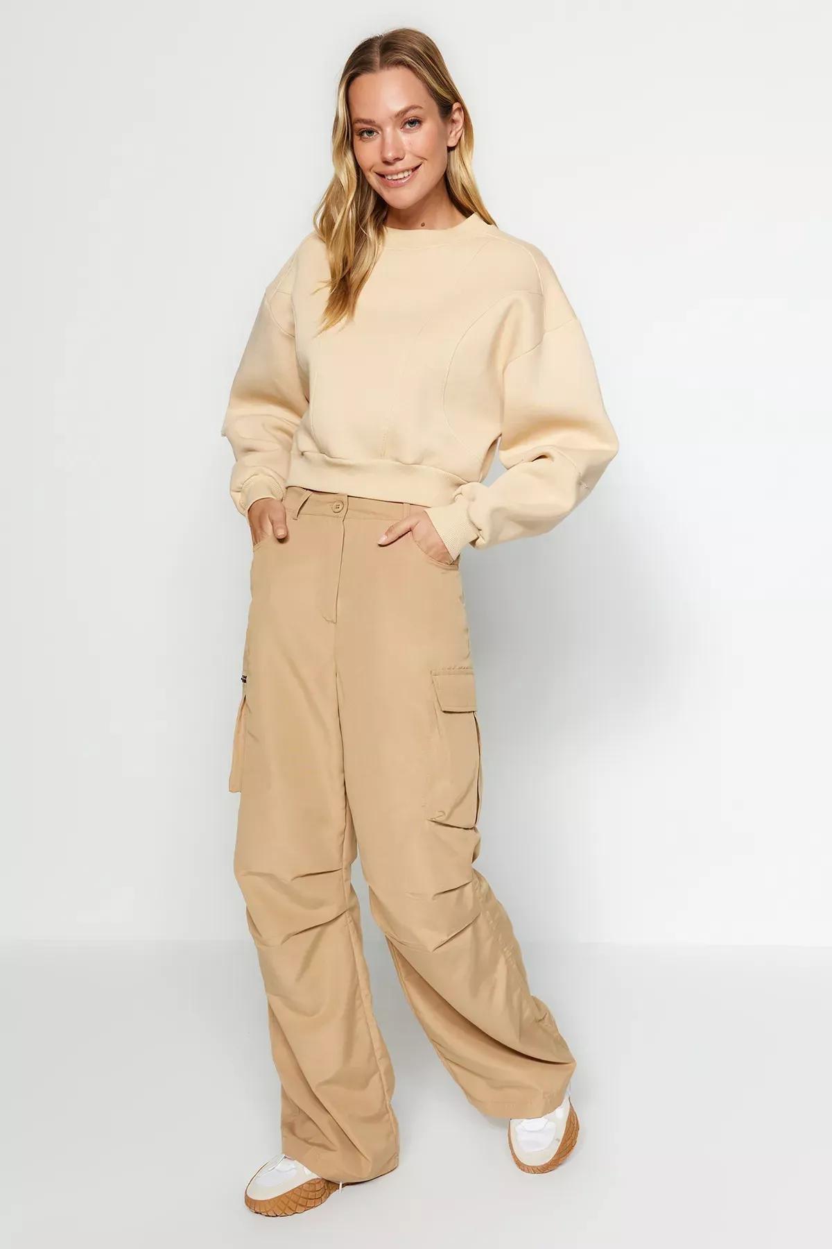 Beige Cropped Knitted Sweatshirt, STONE, large image number 1