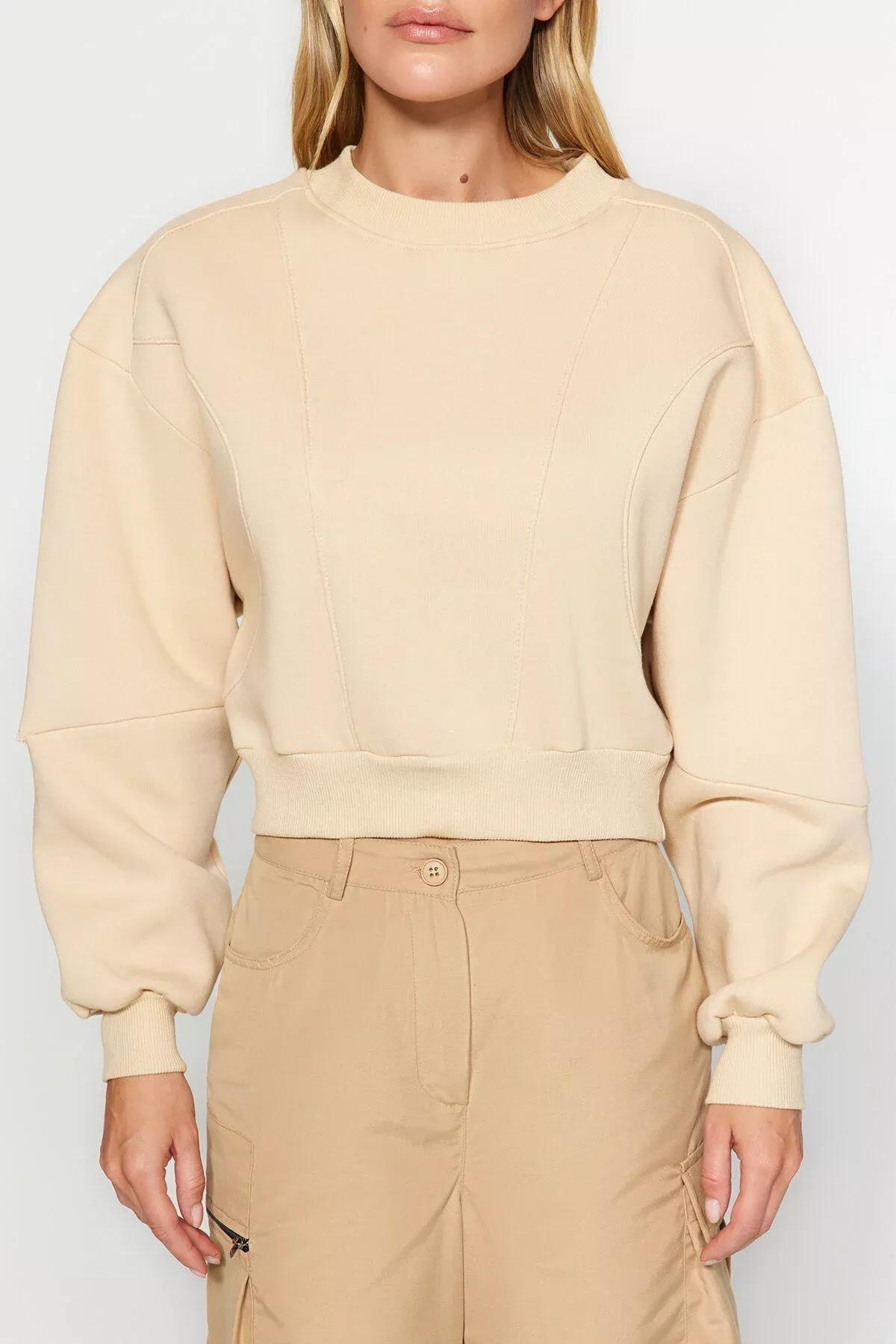 Beige Cropped Knitted Sweatshirt, STONE, large image number 3