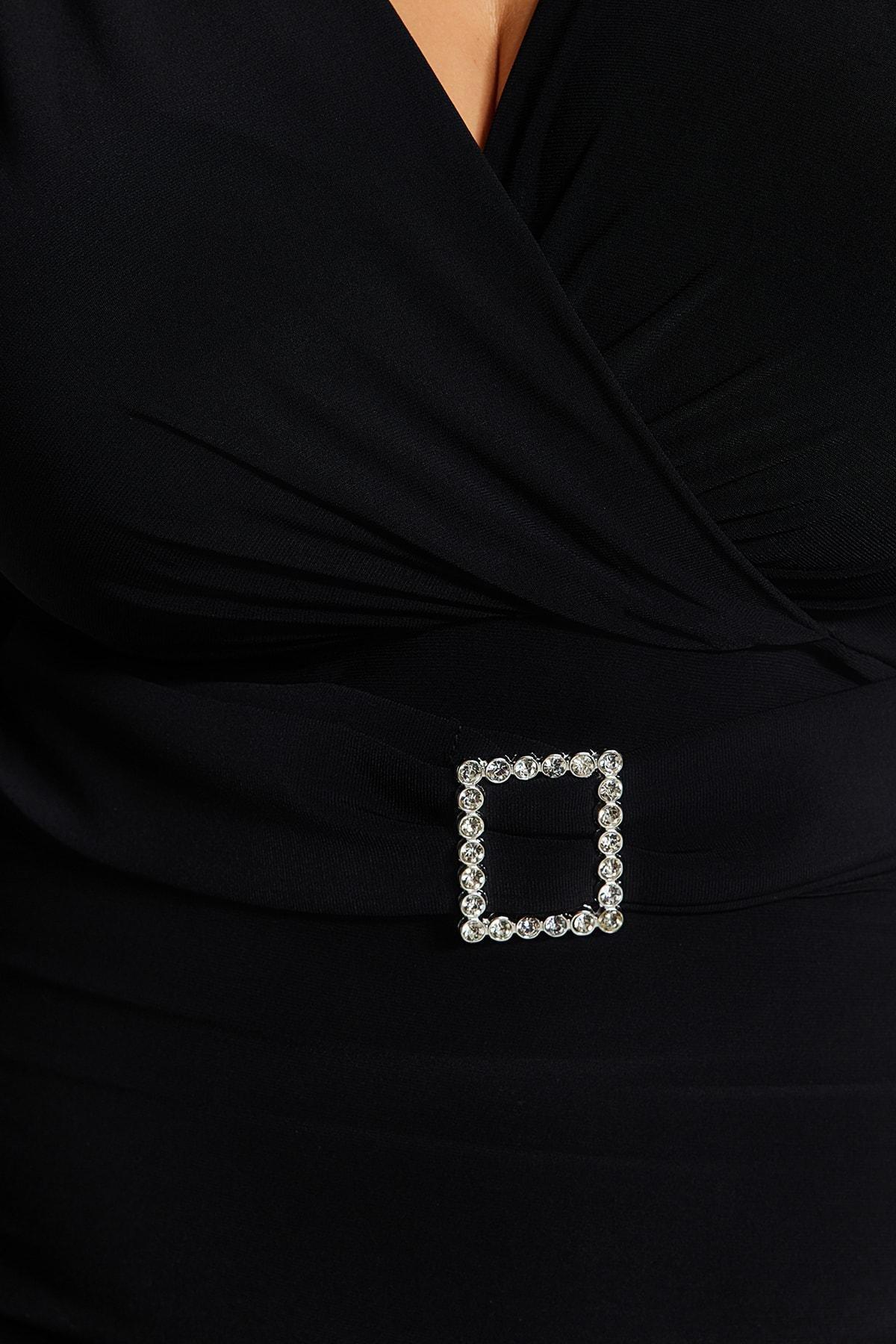 Black Belted Knitted Occasion Wear Dress, BLACK, large image number 3