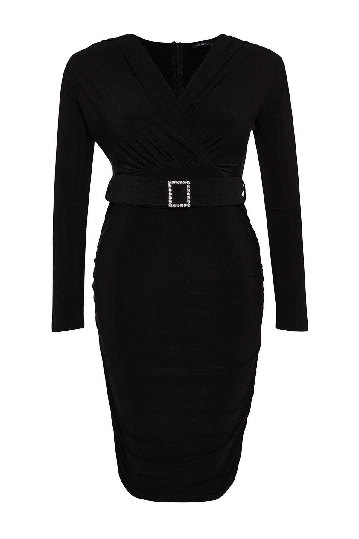 Black Belted Knitted Occasion Wear Dress, BLACK, large image number 4