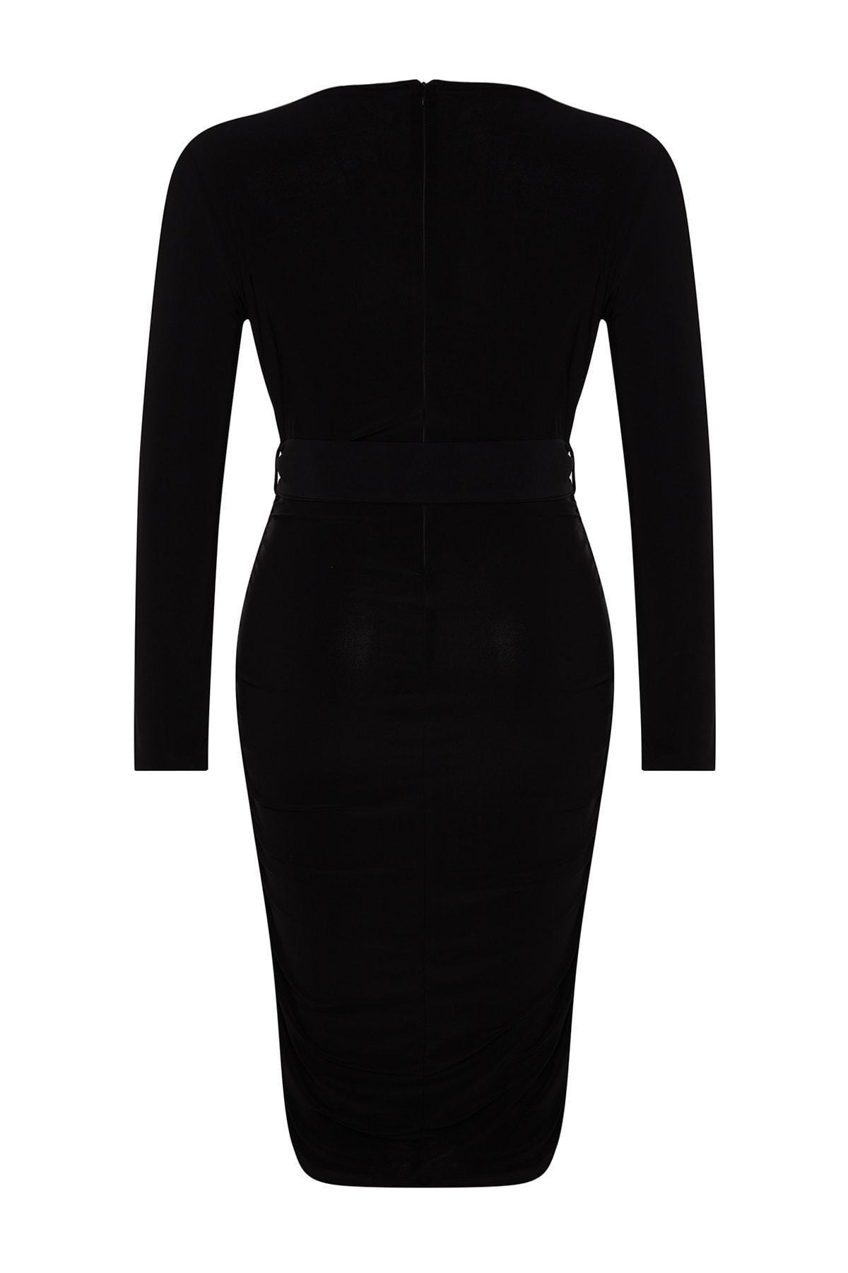 Black Belted Knitted Occasion Wear Dress, BLACK, large image number 5