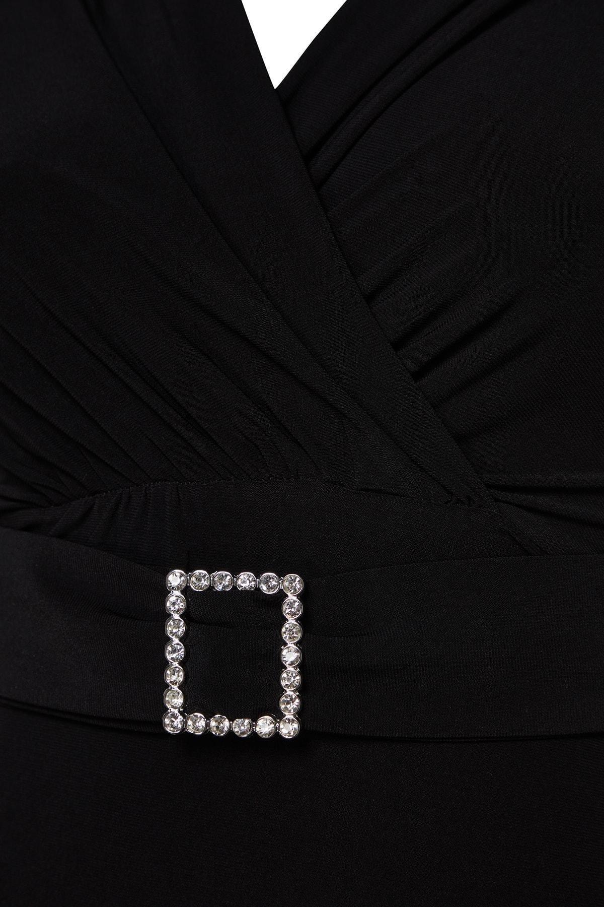 Black Belted Knitted Occasion Wear Dress, BLACK, large image number 6