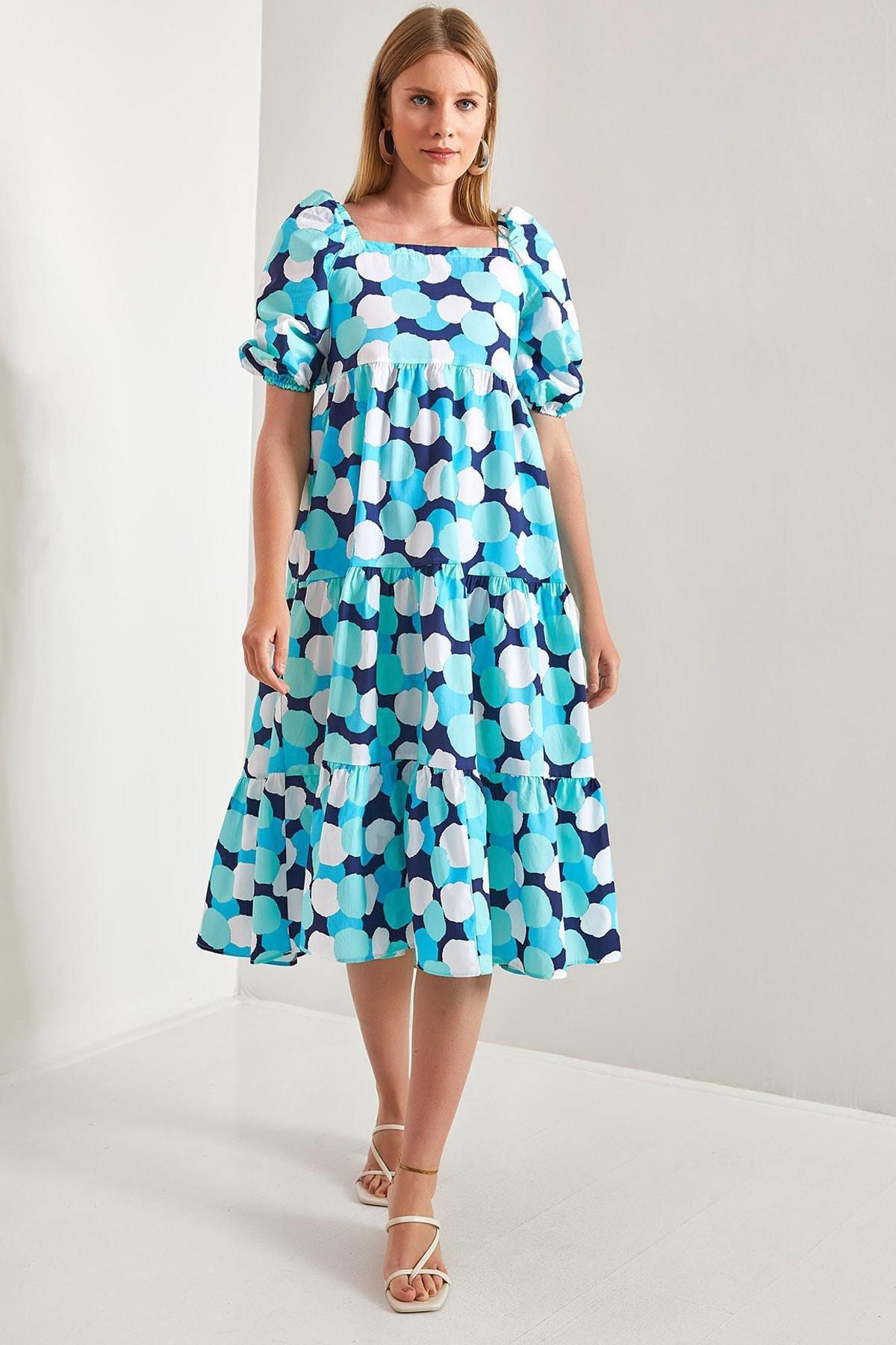 Turquoise Square Neck Patterned Dress, TURQUOISE, large image number 0