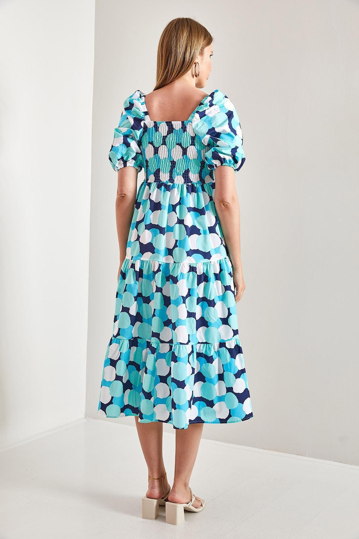 Turquoise Square Neck Patterned Dress, TURQUOISE, large image number 1