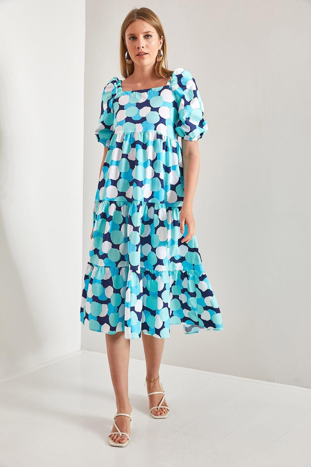 Turquoise Square Neck Patterned Dress, TURQUOISE, large image number 2