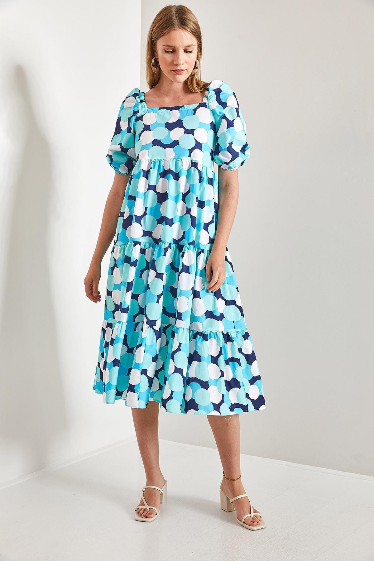 Turquoise Square Neck Patterned Dress, TURQUOISE, large image number 3