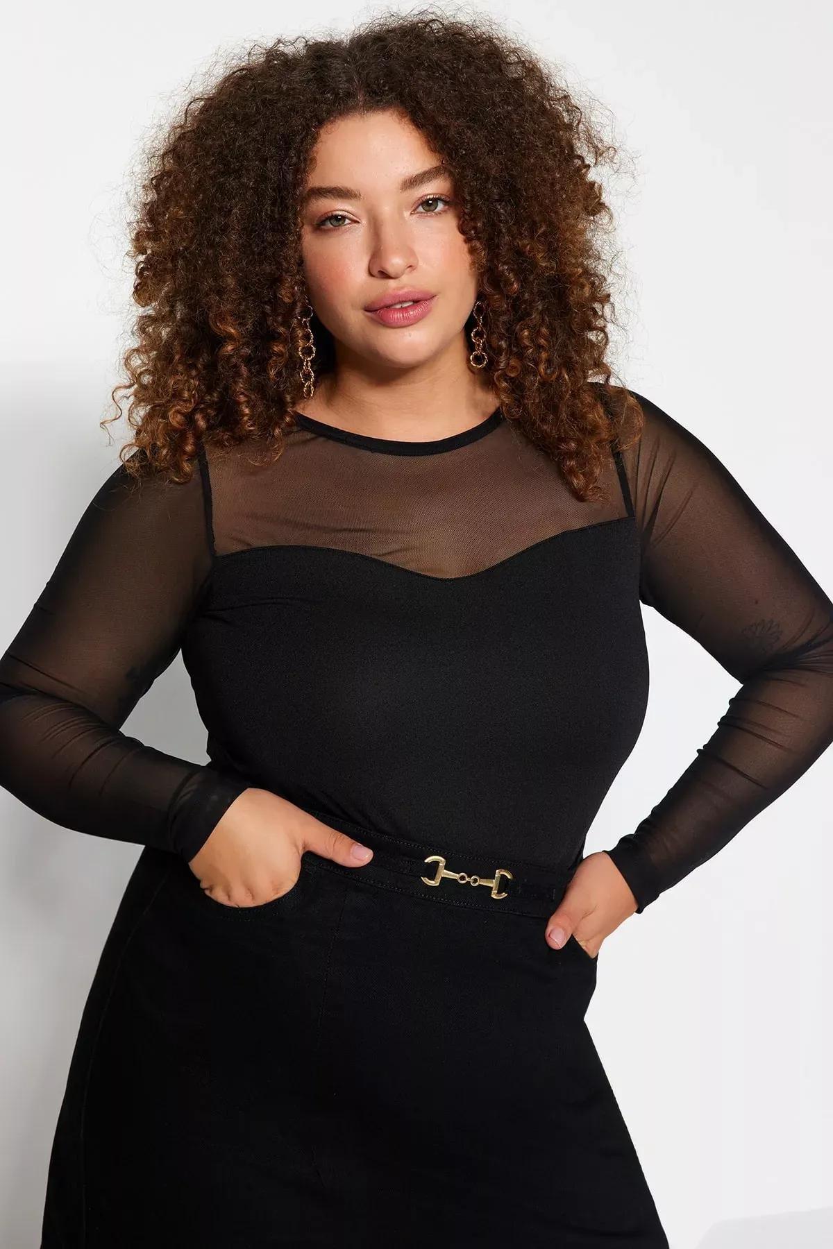 Black Sweetheart Neck Tulle Knitted Blouse, , large image number 0
