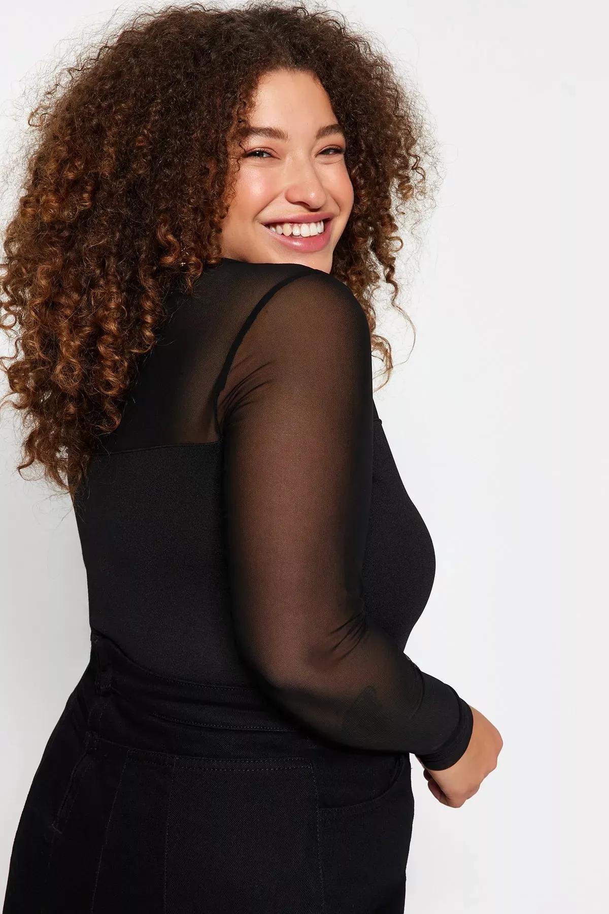 Black Sweetheart Neck Tulle Knitted Blouse, BLACK, large image number 2